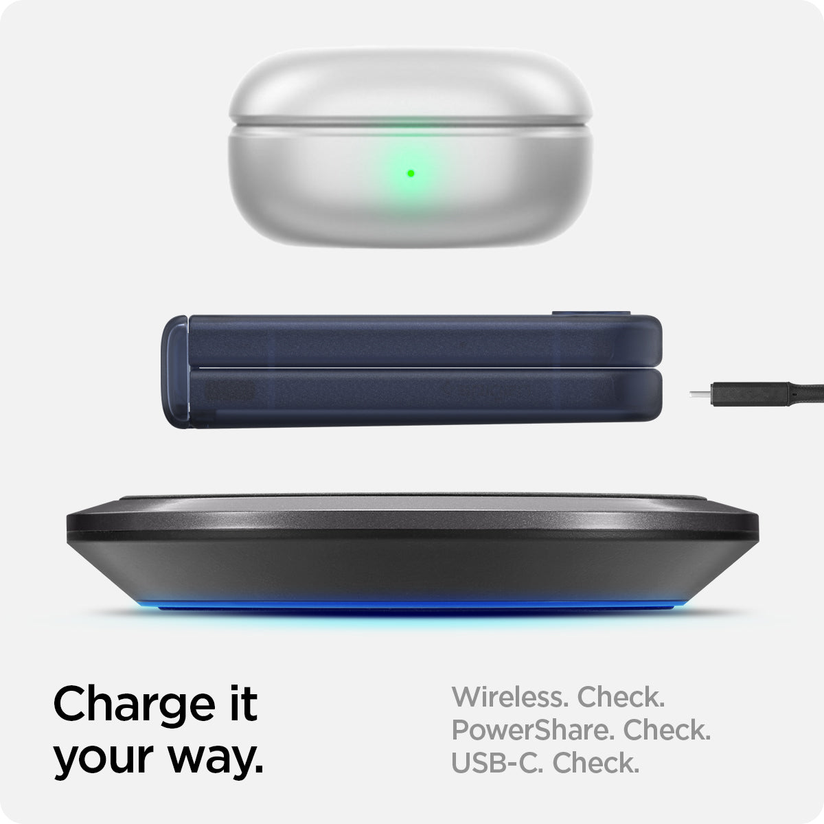 ACS08288 - Galaxy Z Flip 7 FE Case Ultra Hybrid Pro in Frost Navy Blue showing how to charge it your way. Wireless, PowerShare and USB-C all check