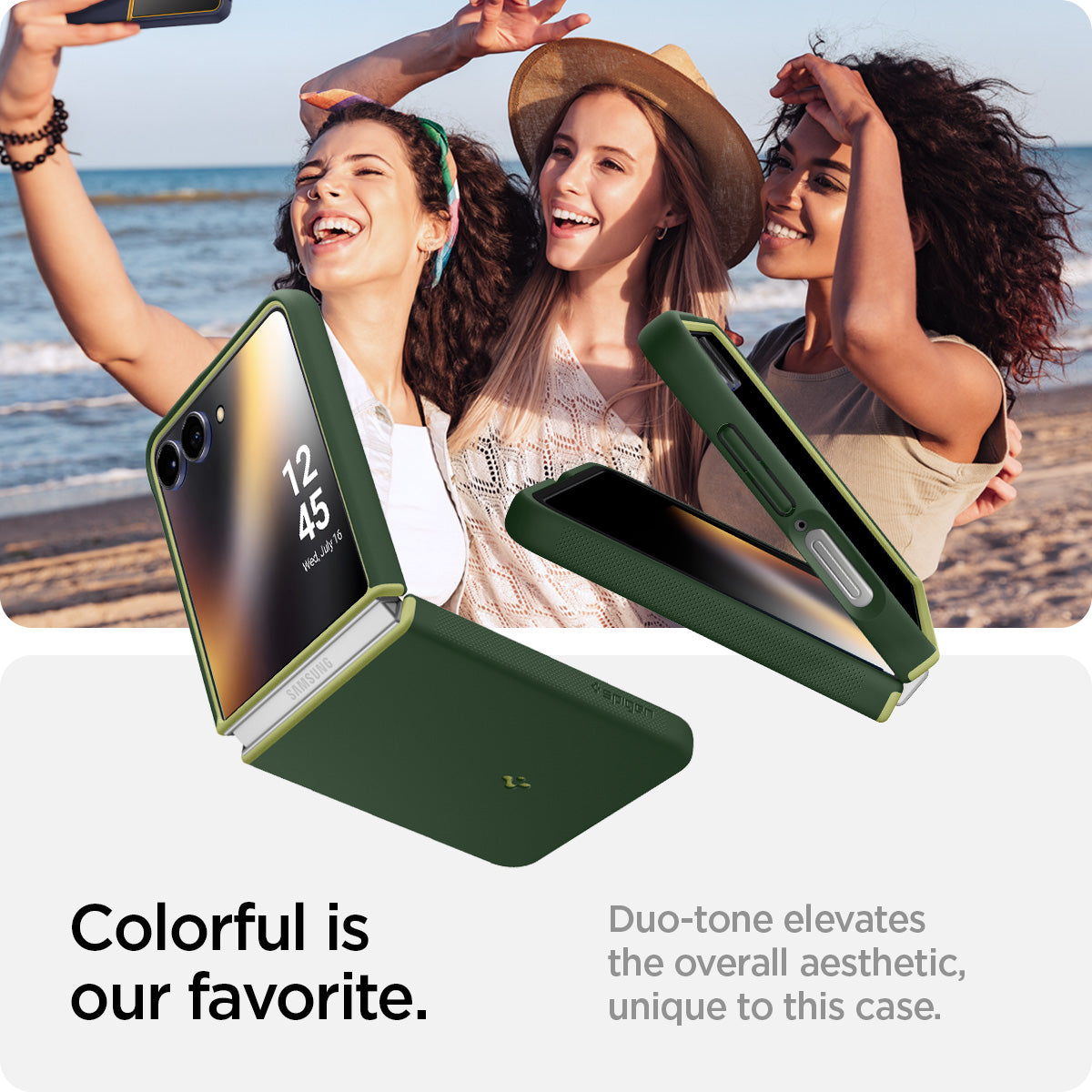 ACS11159 - Galaxy Z Flip 7 Nano Pop (MagFit) in Avo Green showing colorful is our favorite. Duo-tone elevates the overall aesthetic, unique to this case