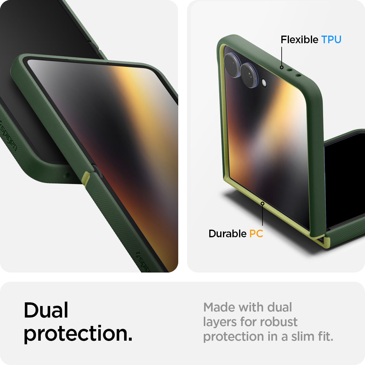ACS11159 - Galaxy Z Flip 7 Nano Pop (MagFit) in Avo Green showing the dual protection with flexible TPU and durable PC. Made with dual layers for robust protection in a slim fit.