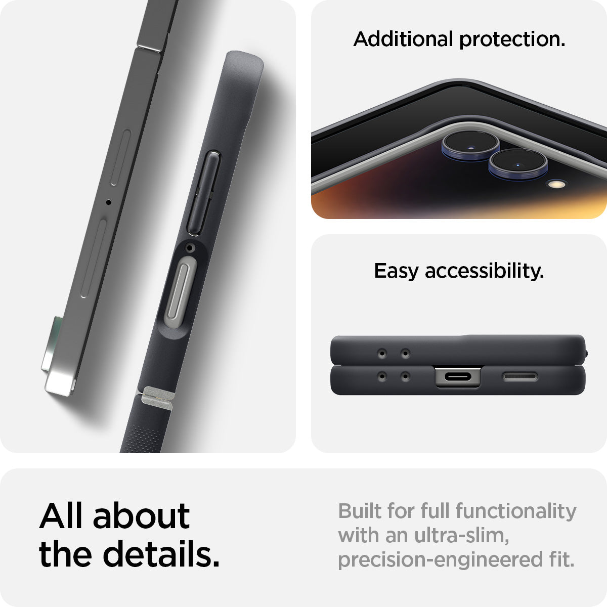 ACS11158 - Galaxy Z Flip 7 Nano Pop (MagFit) in Black Sesame showing the additional protection and easy accessibility. All about the details. Built for full functionality with an ultra-slim, precision-engineered fit