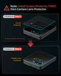 AGL09584 - Galaxy Z Flip 8 Series - Optik Pro EZ Fit showing step-by-step instructions for applying the screen protector before the lens protector