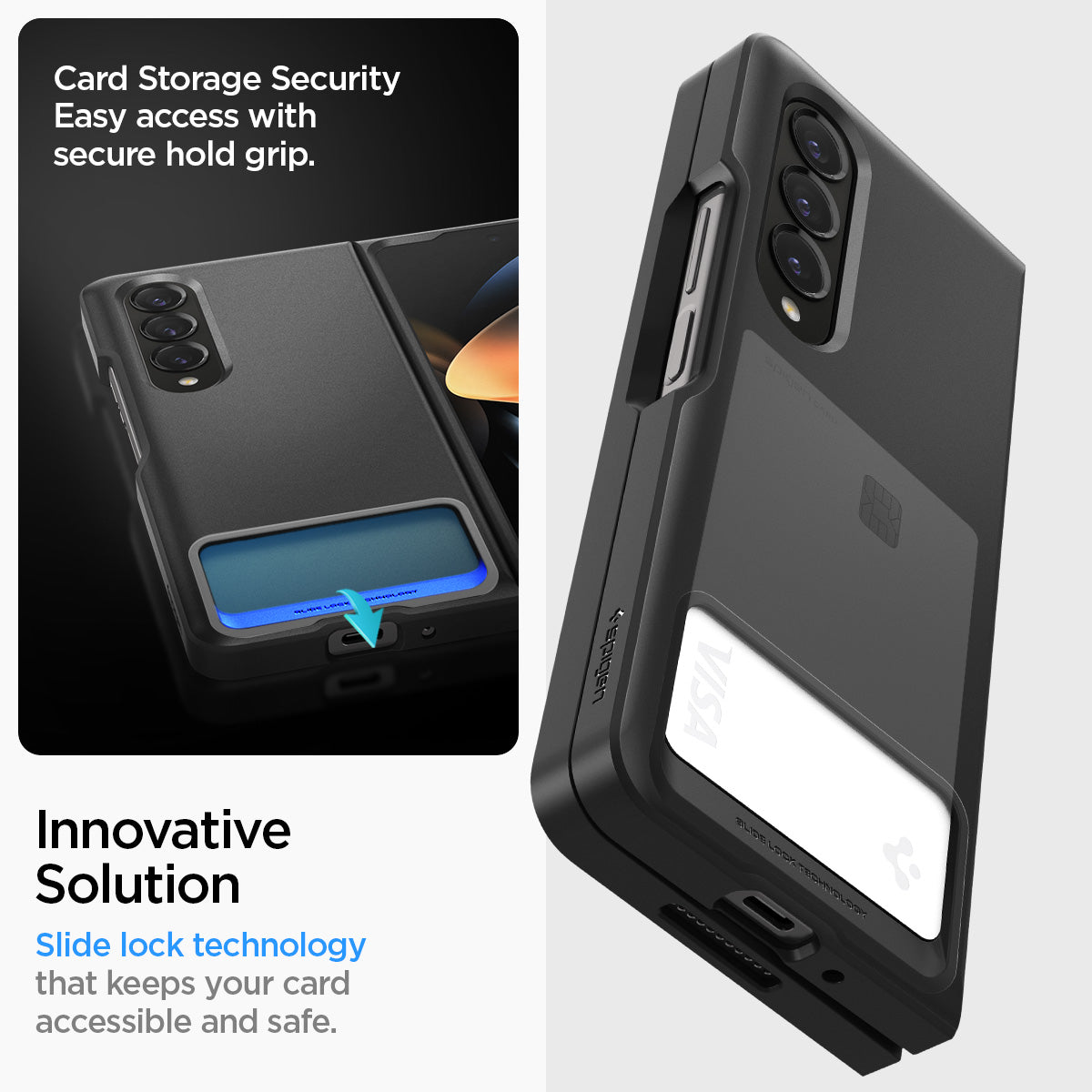 ACS05108 - Galaxy Z Fold 4 Series Slim Armor Slot Case in Black card storage security easy access with secure hold grip. innovative solution slide lock technology that keeps your card accessible and safe.