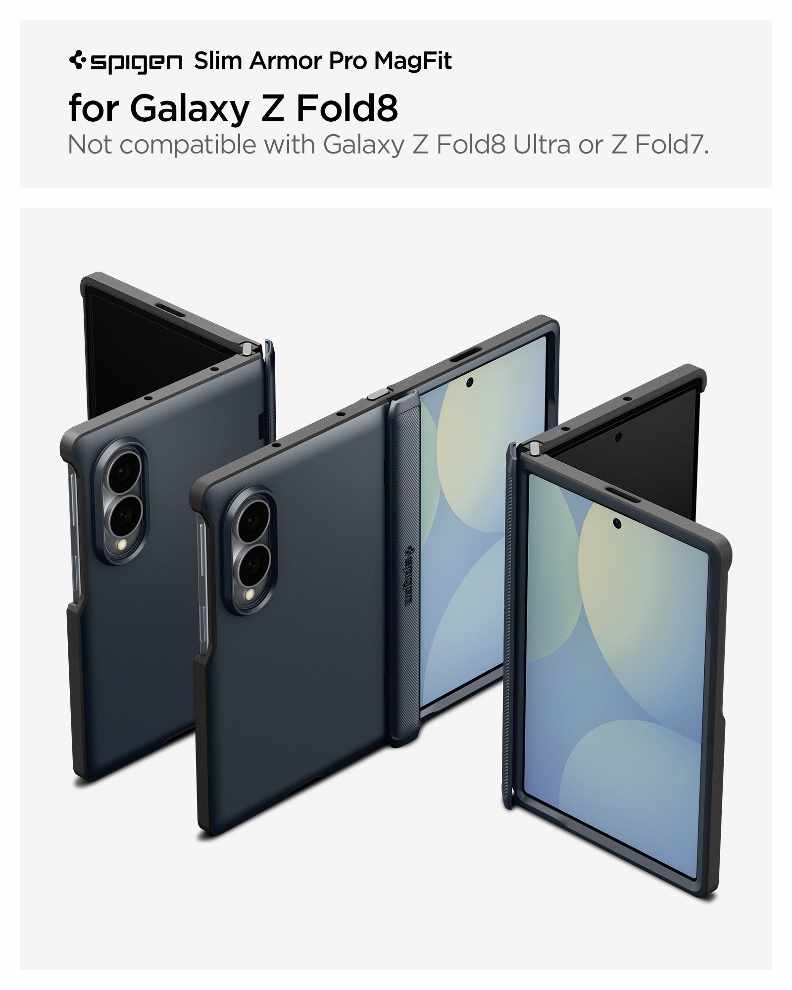 ACS11558 - Galaxy Z Fold 8 Slim Armor Pro (Mag Fit) Metal Slate showing the Slim Armor Pro MagFit product title graphic for Galaxy Z Fold 8, alongside multiple angled views of the case in Metal Slate in folded, unfolded, and back positions