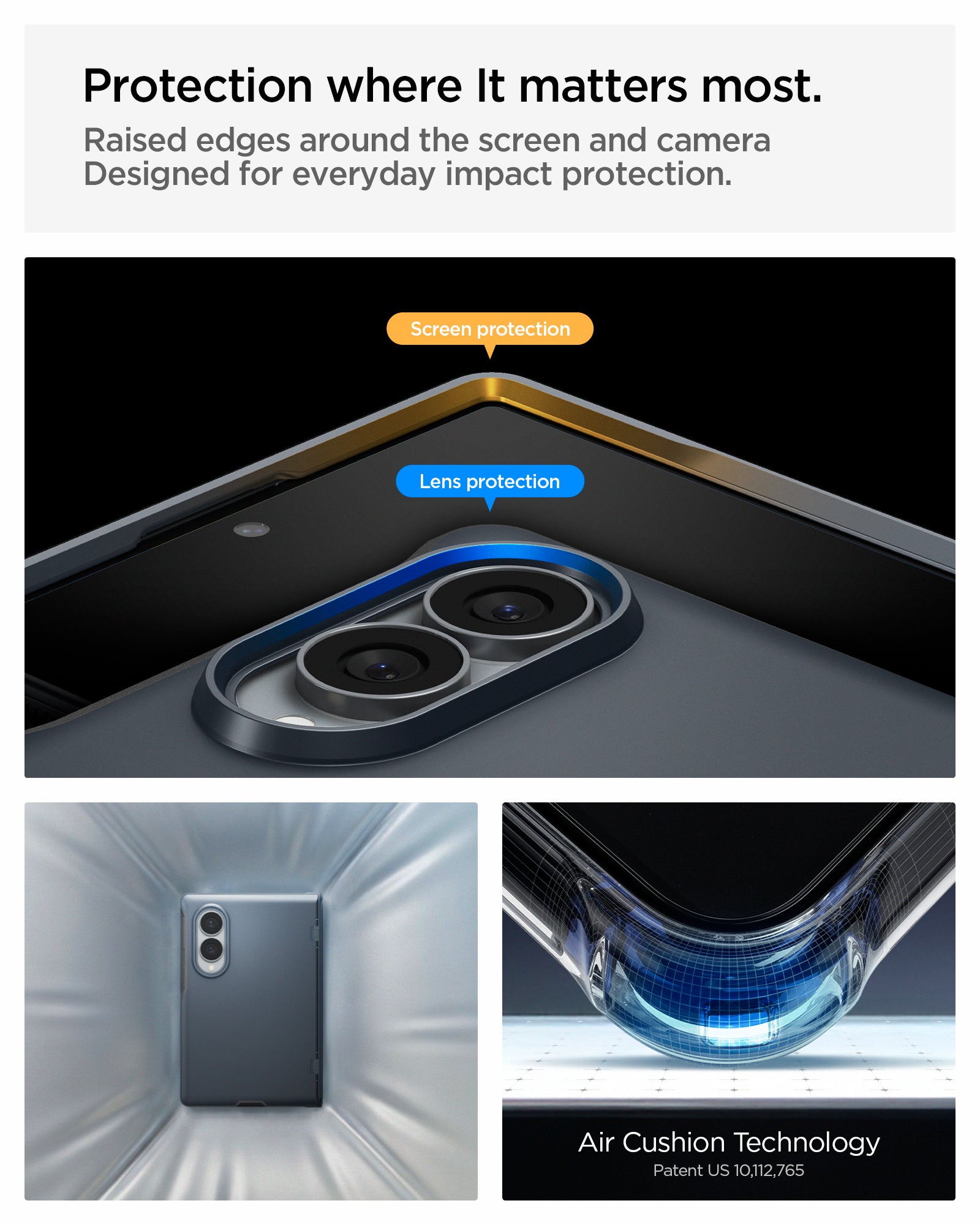 ACS11558 - Galaxy Z Fold 8 Slim Armor Pro (Mag Fit) Metal Slate showing the "Protection where It matters most" graphic, highlighting lens and screen protection edges, alongside a close-up of the dual camera cutout and the "Air Cushion Technology" corner impact 