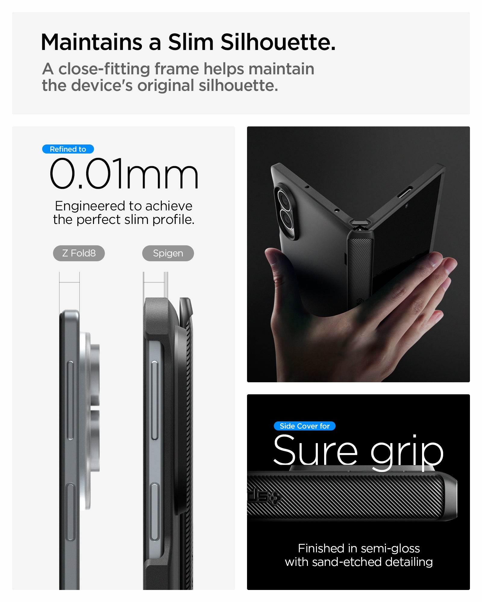 ACS11557 - Galaxy Z Fold 8 Slim Armor Pro (Mag Fit) Black showing the "Innovative Hinge Protection" graphic, a close-up of the ribbed hinge cover with the Spigen logo, alongside an exploded view of the hinge mechanism and a hinge durability test setup