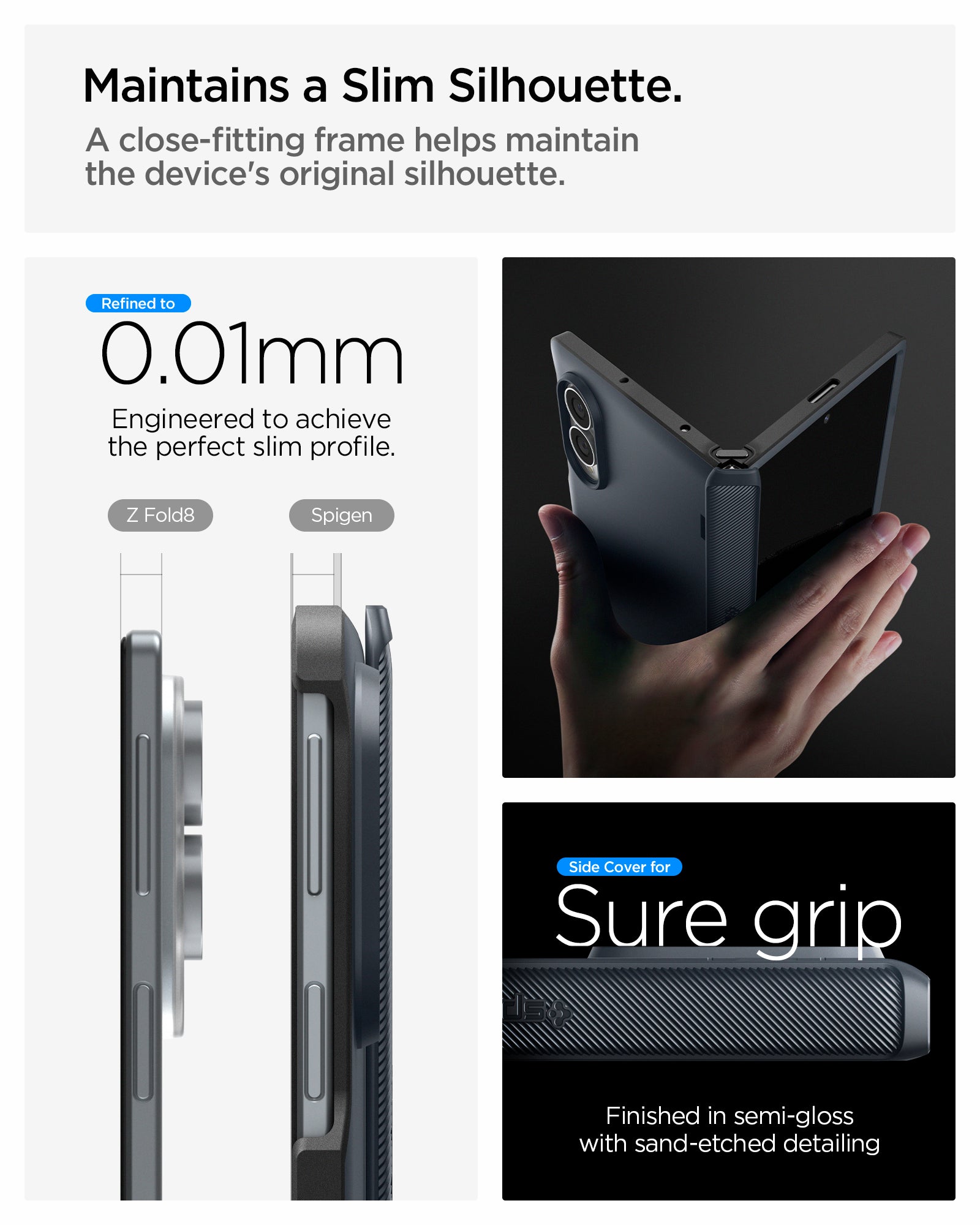 ACS11558 - Galaxy Z Fold 8 Slim Armor Pro (Mag Fit) Metal Slate showing the "Maintains a Slim Silhouette" graphic, comparing the side profile thickness of the bare Galaxy Z Fold 8 and the Spigen-cased version at 0.01mm difference, alongside a hand holding the folded case 