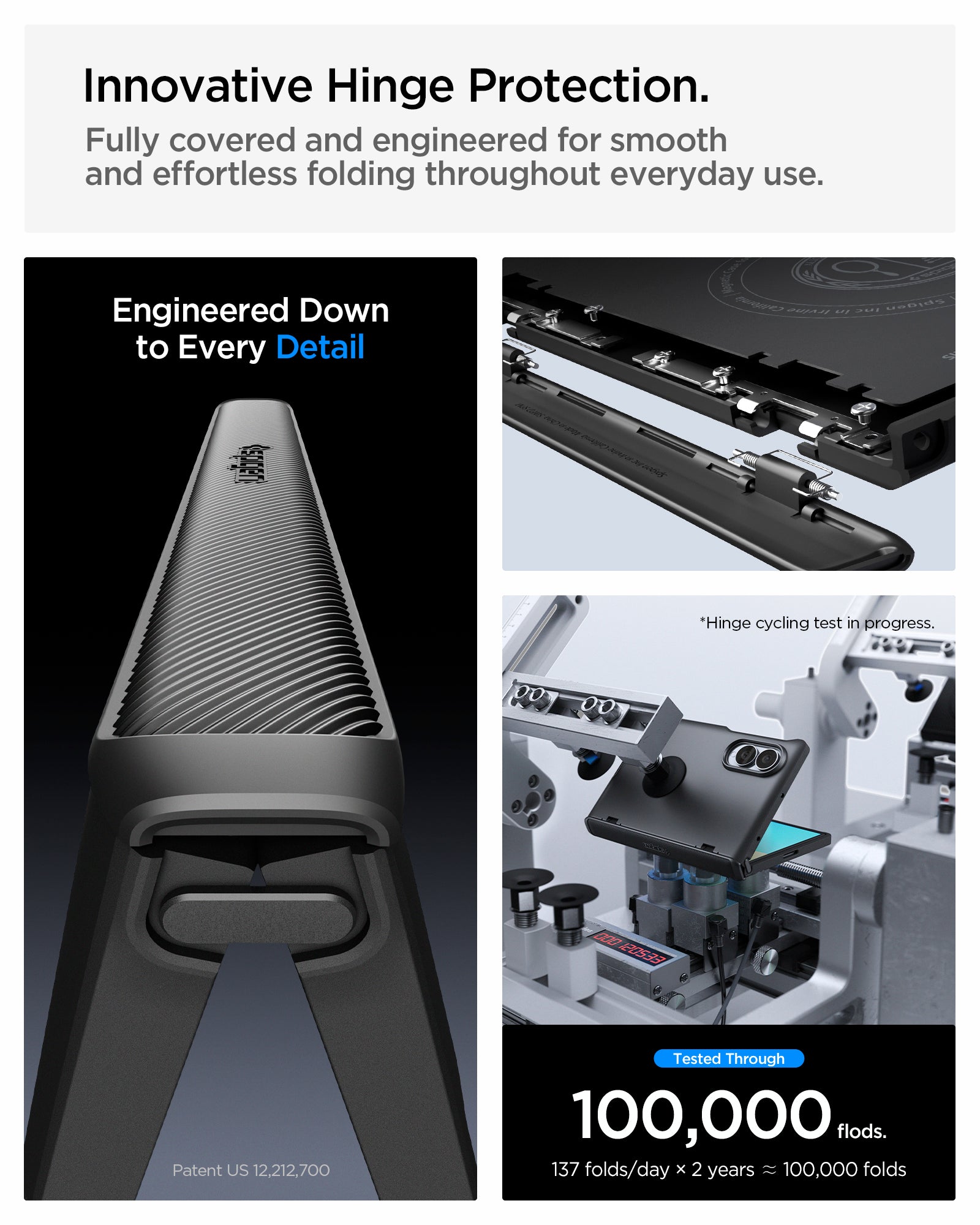 ACS11557 - Galaxy Z Fold 8 Slim Armor Pro (Mag Fit) Black showing the "Innovative Hinge Protection" graphic, a close-up of the ribbed hinge cover with the Spigen logo, alongside an exploded view of the hinge mechanism and a hinge durability test setup