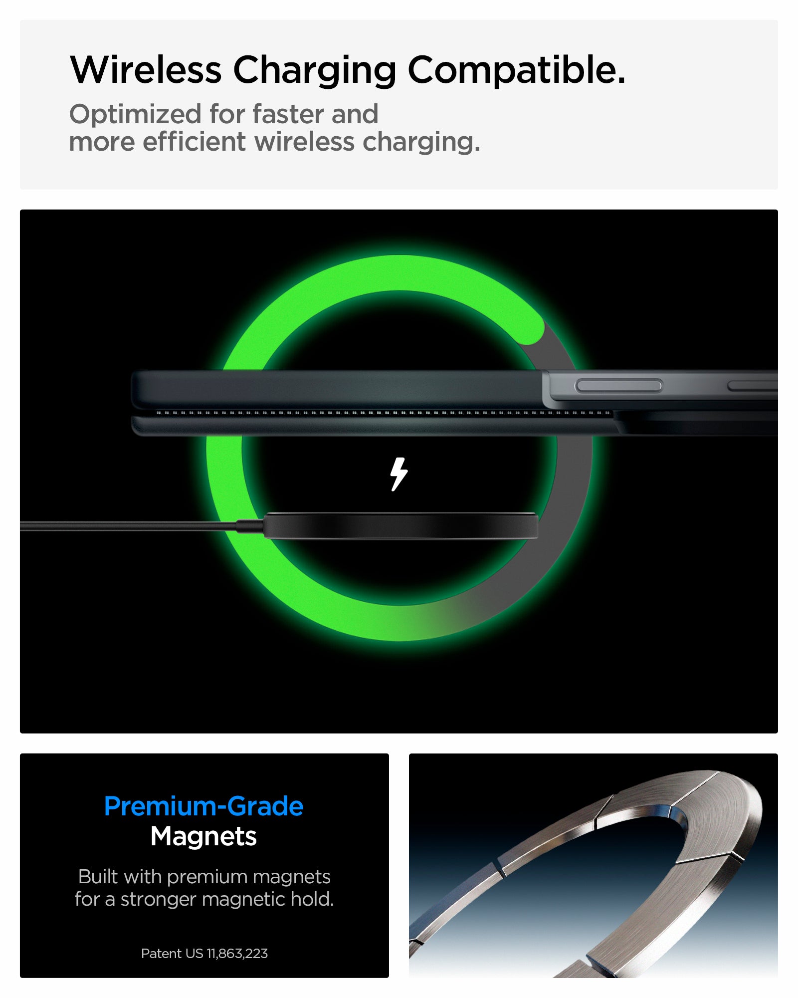 ACS11558 - Galaxy Z Fold 8 Slim Armor Pro (Mag Fit) Metal Slate showing it is wireless charging compatible.  Optimized for faster and more efficient wireless charging