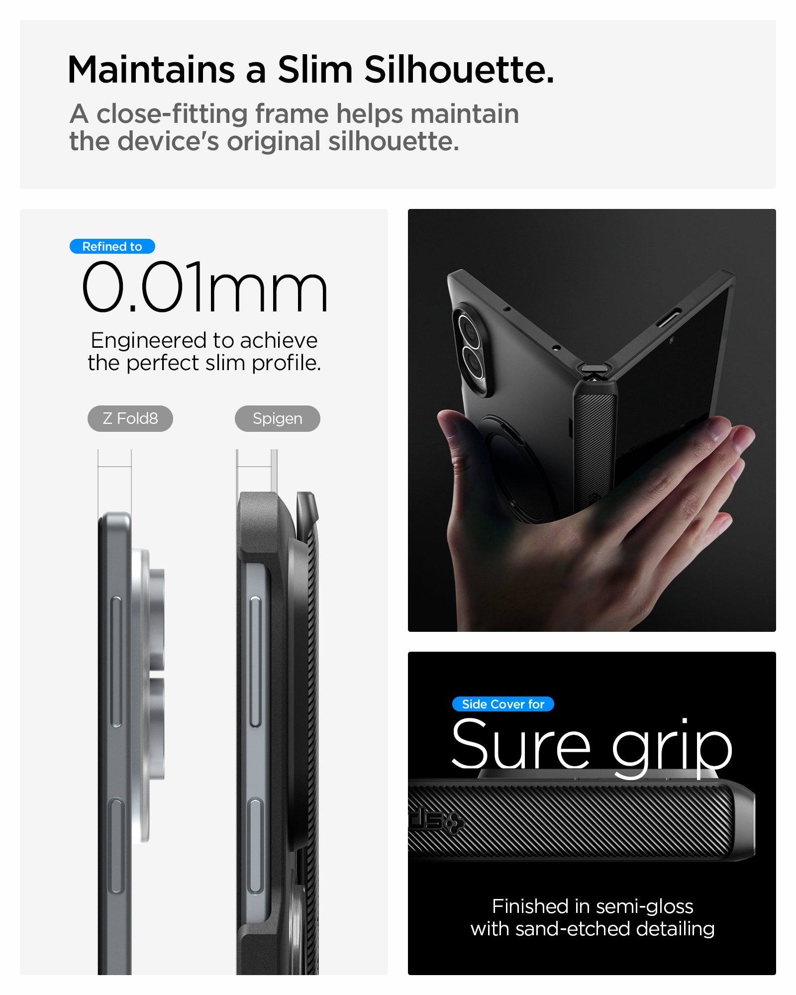 ACS11779 - Galaxy Z Fold 8 Slim Armor Pro S (Mag Fit) Black showing the "Maintains a Slim Silhouette" graphic, comparing the side profile thickness of the bare Galaxy Z Fold 8 and the Spigen-cased version at 0.01mm difference
