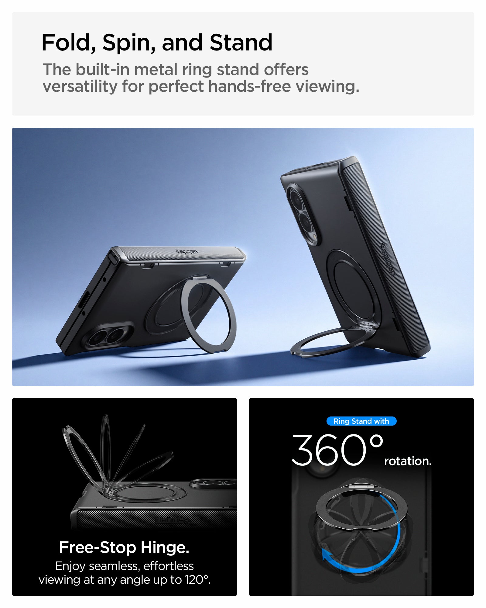 ACS11779 - Galaxy Z Fold 8 Slim Armor Pro S (Mag Fit) Black showing the "Fold, Spin, and Stand" graphic, two angled views of the case propped up by its metal ring stand, alongside a "Free-Stop Hinge" diagram showing multiple viewing angles