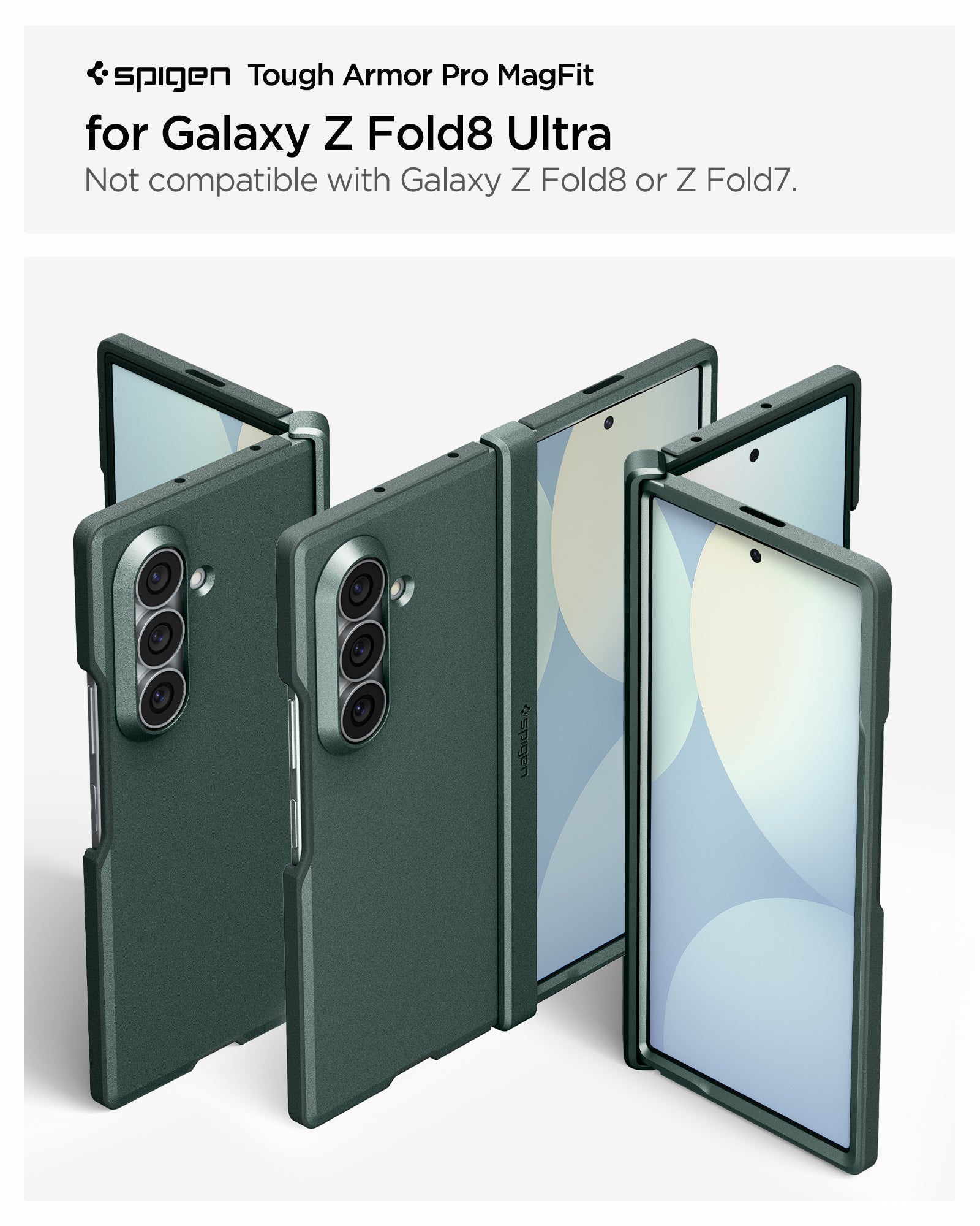 ACS11850 - Galaxy Z Fold 8 Ultra Tough Armor Pro (Mag Fit) Abyss Green showing the Tough Armor Pro MagFit product title graphic for Galaxy Z Fold 8 Ultra, alongside multiple angled views of the case in Abyss Green in folded, unfolded, and back positions