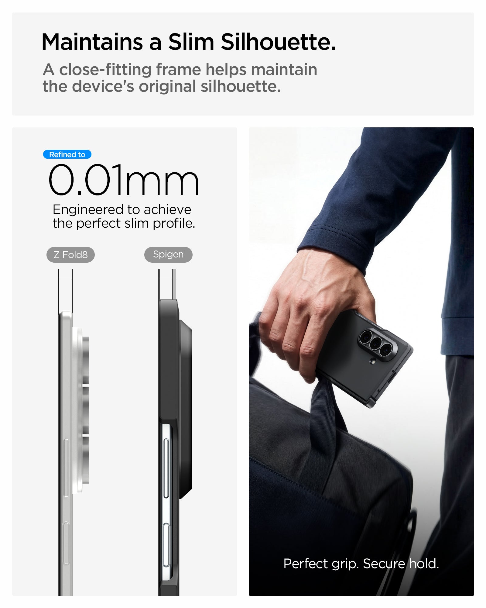 ACS11499 - Galaxy Z Fold 8 Ultra Tough Armor Pro (Mag Fit) Black showing the "Maintains a Slim Silhouette" graphic, comparing the side profile thickness of the bare Z Fold8 and the Spigen-cased version at 0.01mm difference, alongside a lifestyle photo of a hand 
