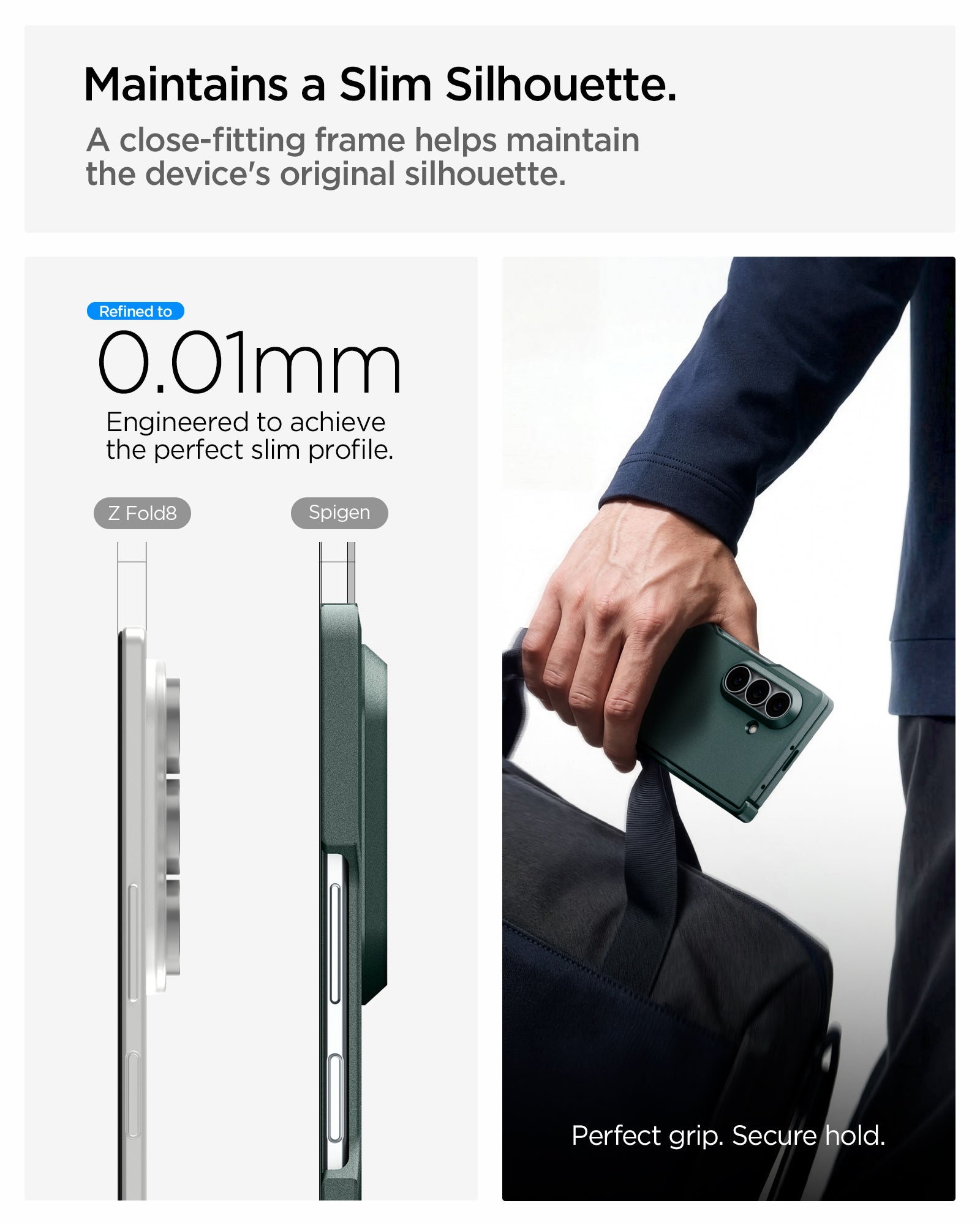 ACS11850 - Galaxy Z Fold 8 Ultra Tough Armor Pro (Mag Fit) Abyss Green showing the "Maintains a Slim Silhouette" graphic, comparing the side profile thickness of the bare Galaxy Z Fold 8 Ultra and the Spigen-cased version at 0.01mm difference, alongside a lifestyle photo of a hand