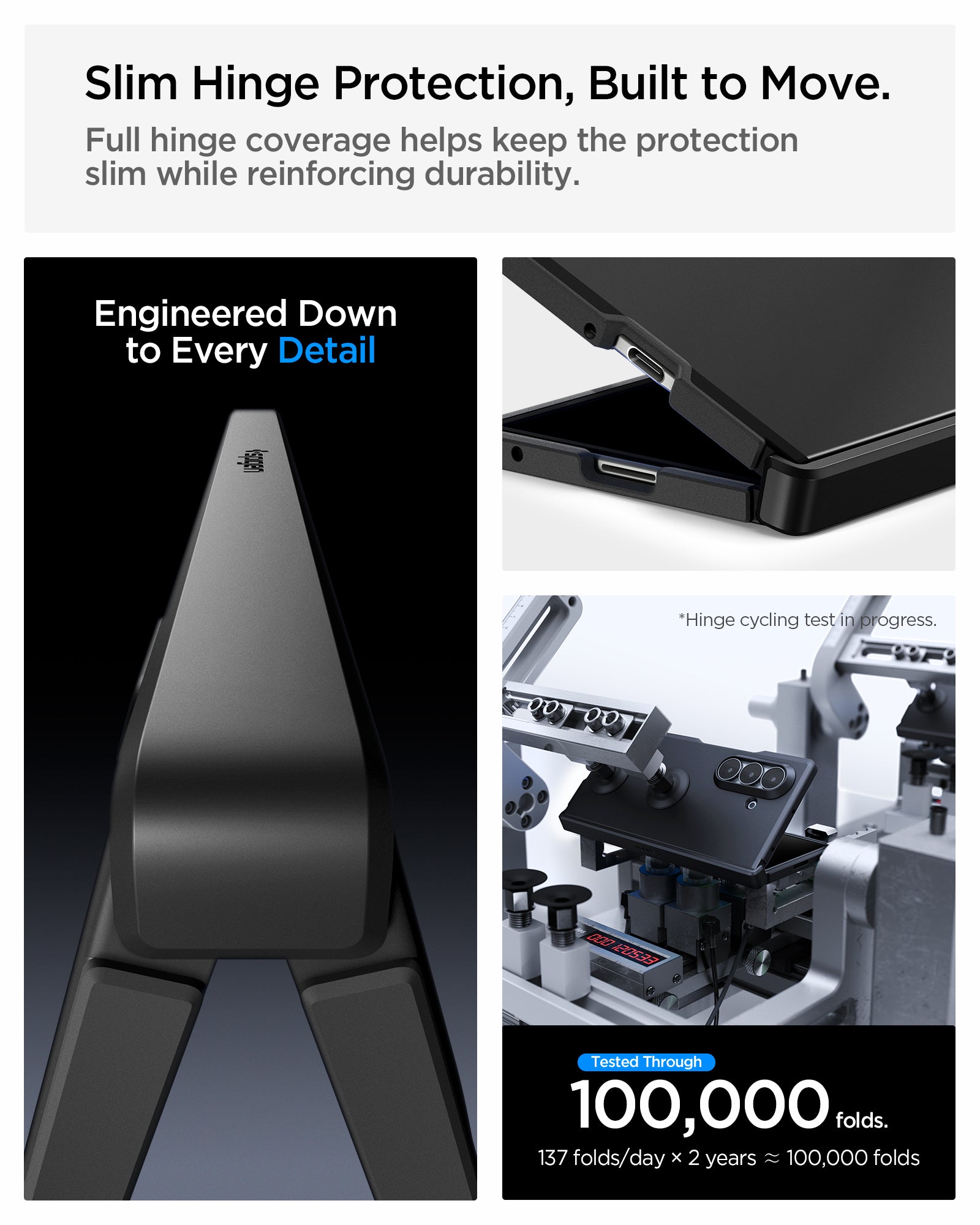 ACS11499 - Galaxy Z Fold 8 Ultra Tough Armor Pro (Mag Fit) Black showing the "Slim Hinge Protection, Built to Move" graphic, a close-up of the case's hinge bar with the Spigen logo, alongside a hinge opening close-up 