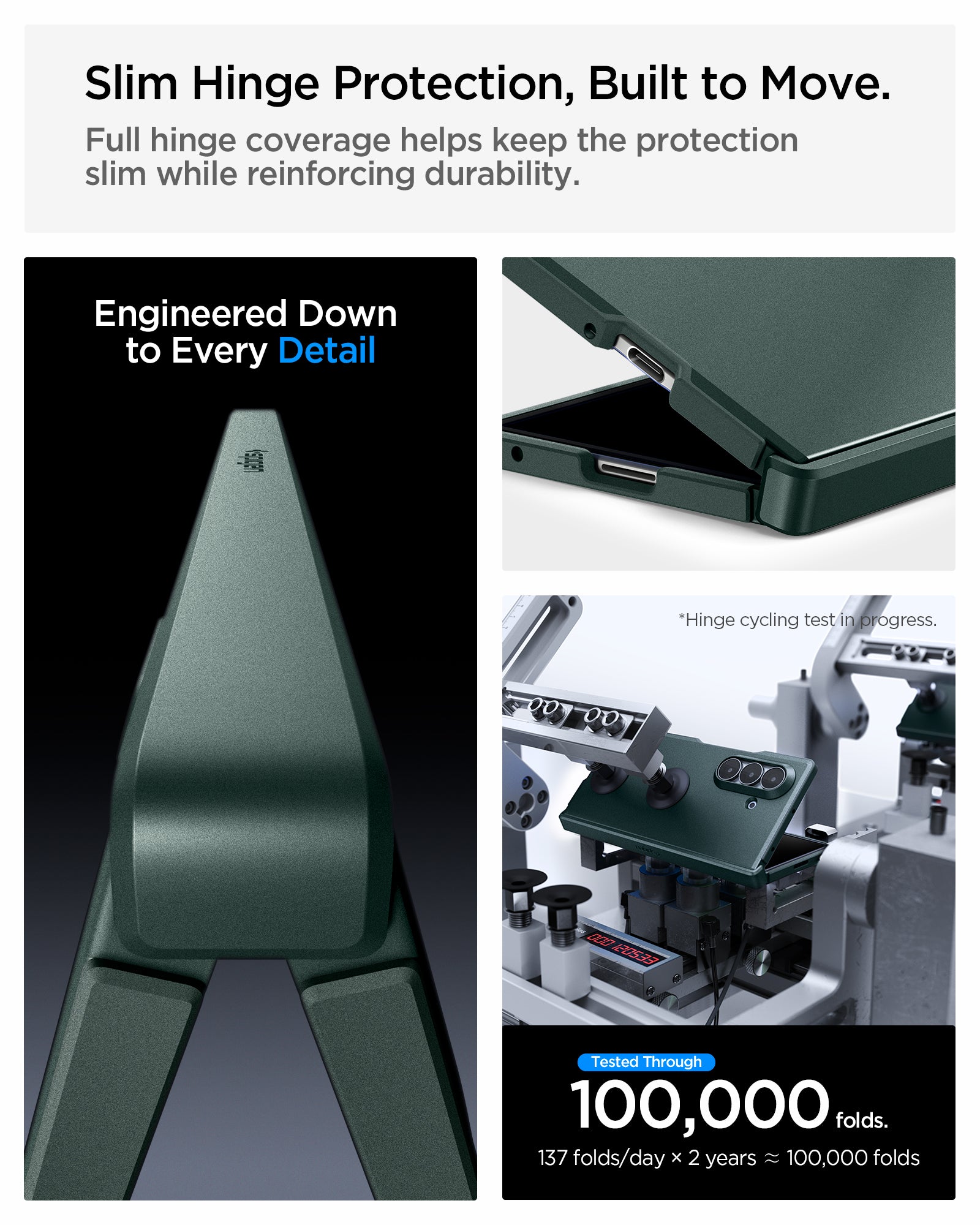 ACS11850 - Galaxy Z Fold 8 Ultra Tough Armor Pro (Mag Fit) Abyss Green showing the "Slim Hinge Protection, Built to Move" graphic, a close-up of the case's hinge bar with the Spigen logo, alongside a hinge opening close-up and a hinge durability test setup
