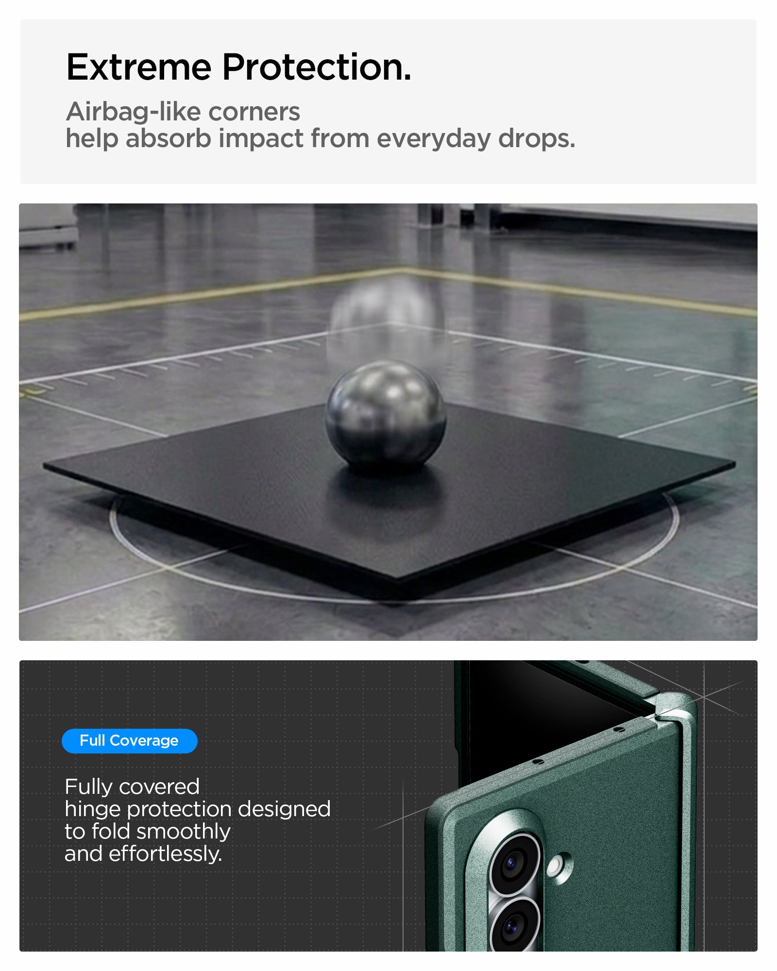ACS11850 - Galaxy Z Fold 8 Ultra Tough Armor Pro (Mag Fit) Abyss Green showing the "Extreme Protection" graphic, a steel ball dropping onto a test platform representing airbag-like corners, alongside a close-up of the case's hinge corner and camera module.