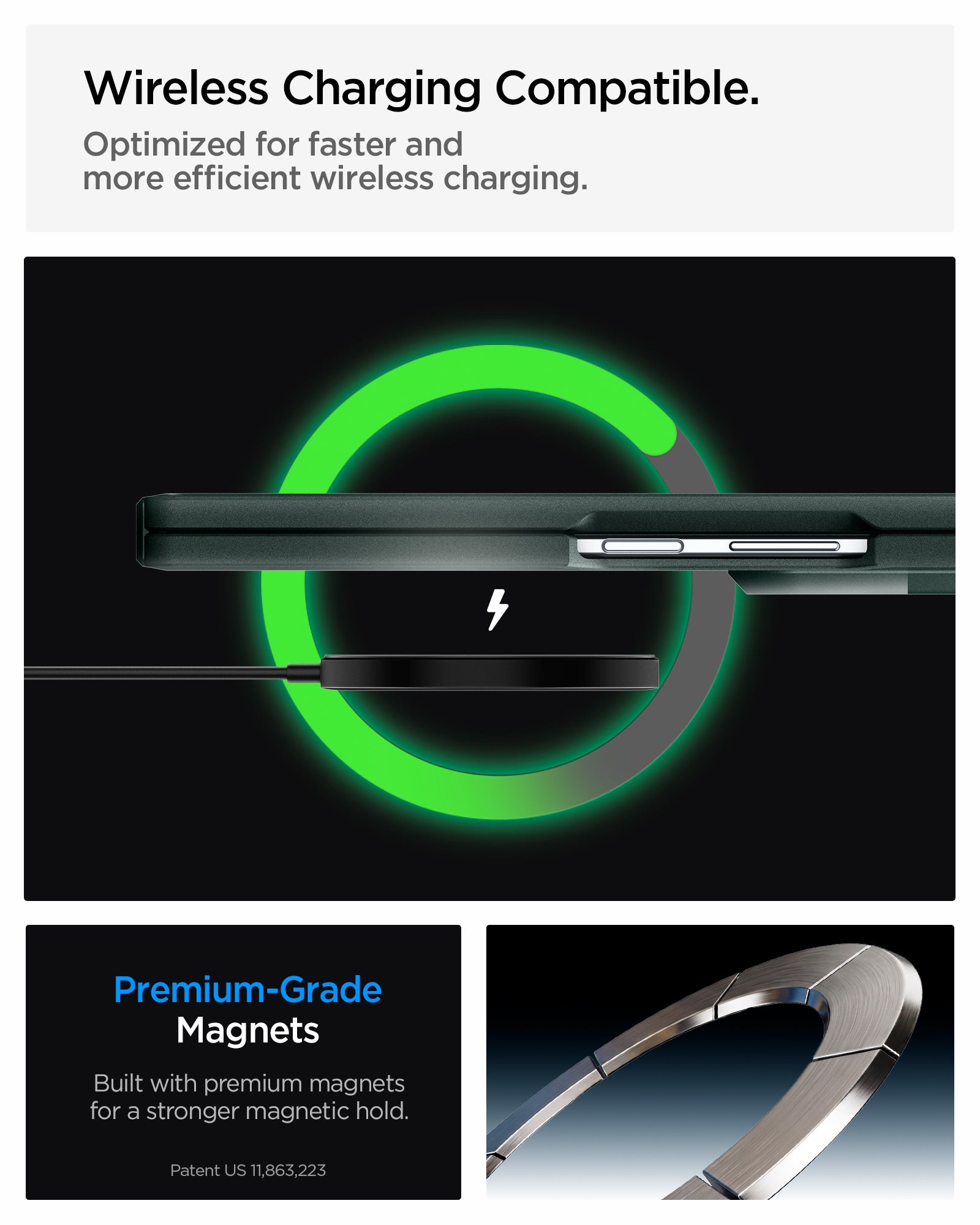 ACS11850 - Galaxy Z Fold 8 Ultra Tough Armor Pro (Mag Fit) Abyss Green showing it is wireless charging compatible.  Optimized for faster and more efficient wireless charging.