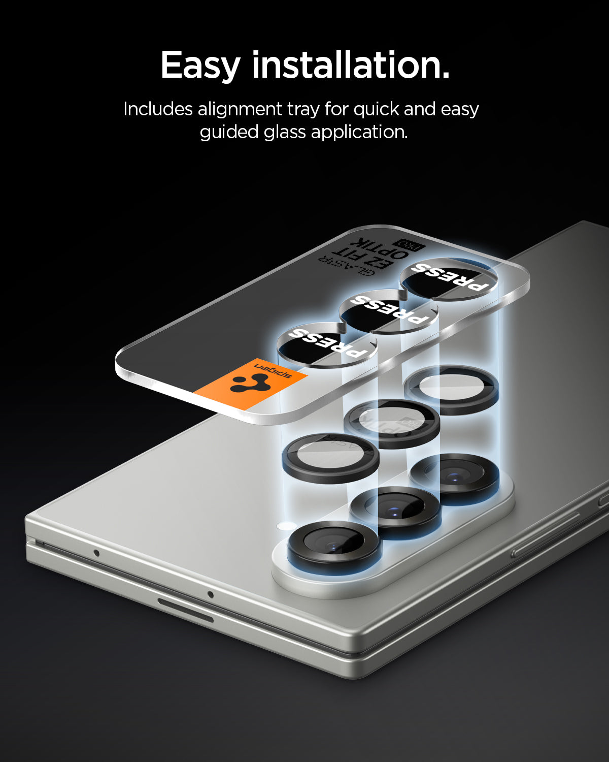 AGL09578 - Galaxy Z Fold 8 Ultra Optik Pro EZ Fit showing an exploded diagram of the lens caps aligning onto the Galaxy Z Fold 8 Ultra's triple camera