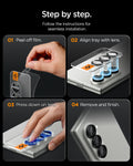 AGL09578 - Galaxy Z Fold 8 Ultra Optik Pro EZ Fit showing a four-step guide for peeling, aligning, pressing, and finishing the lens installation