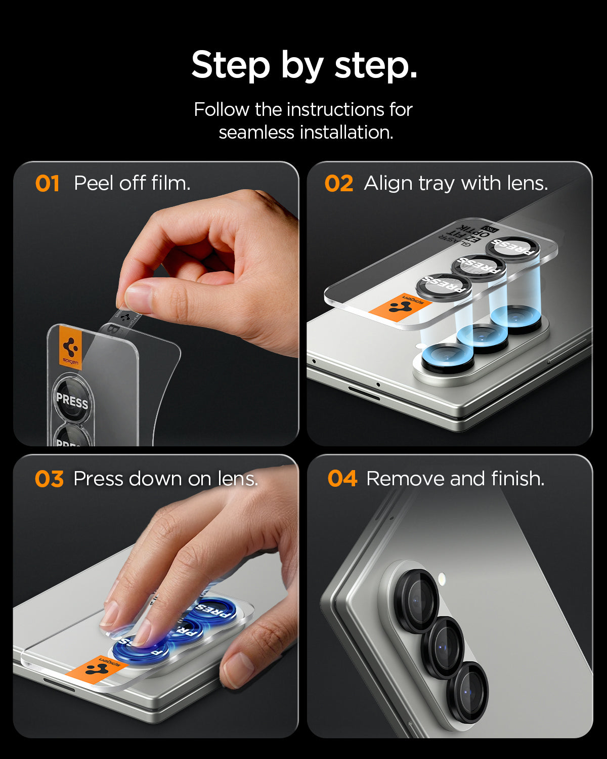AGL09578 - Galaxy Z Fold 8 Ultra Optik Pro EZ Fit showing a four-step guide for peeling, aligning, pressing, and finishing the lens installation