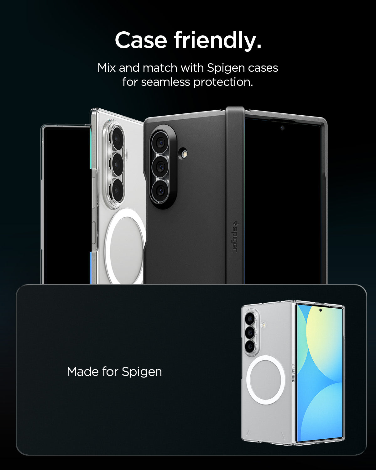 AGL09578 - Galaxy Z Fold 8 Ultra Optik Pro EZ Fit showing three Spigen cases paired with the lens protector for seamless case compatibility