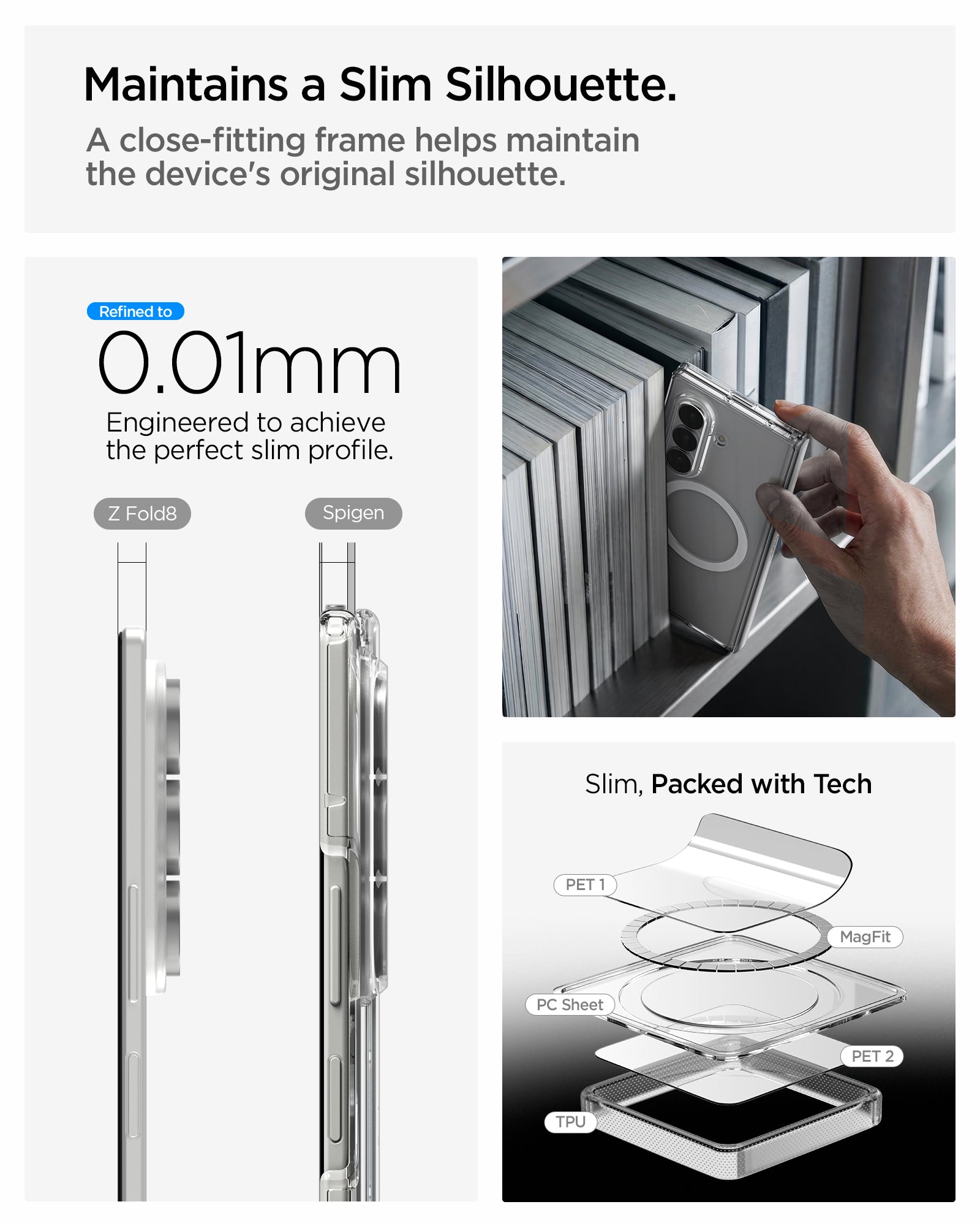 ACS11498 - Galaxy Z Fold 8 Ultra Ultra Hybrid Pro (Mag Fit) showing the "Maintains a Slim Silhouette" graphic, comparing the side profile thickness of the bare Galaxy Z Fold 8 Ultra and the Spigen-cased version at 0.01mm difference, alongside a lifestyle photo of the cased phone