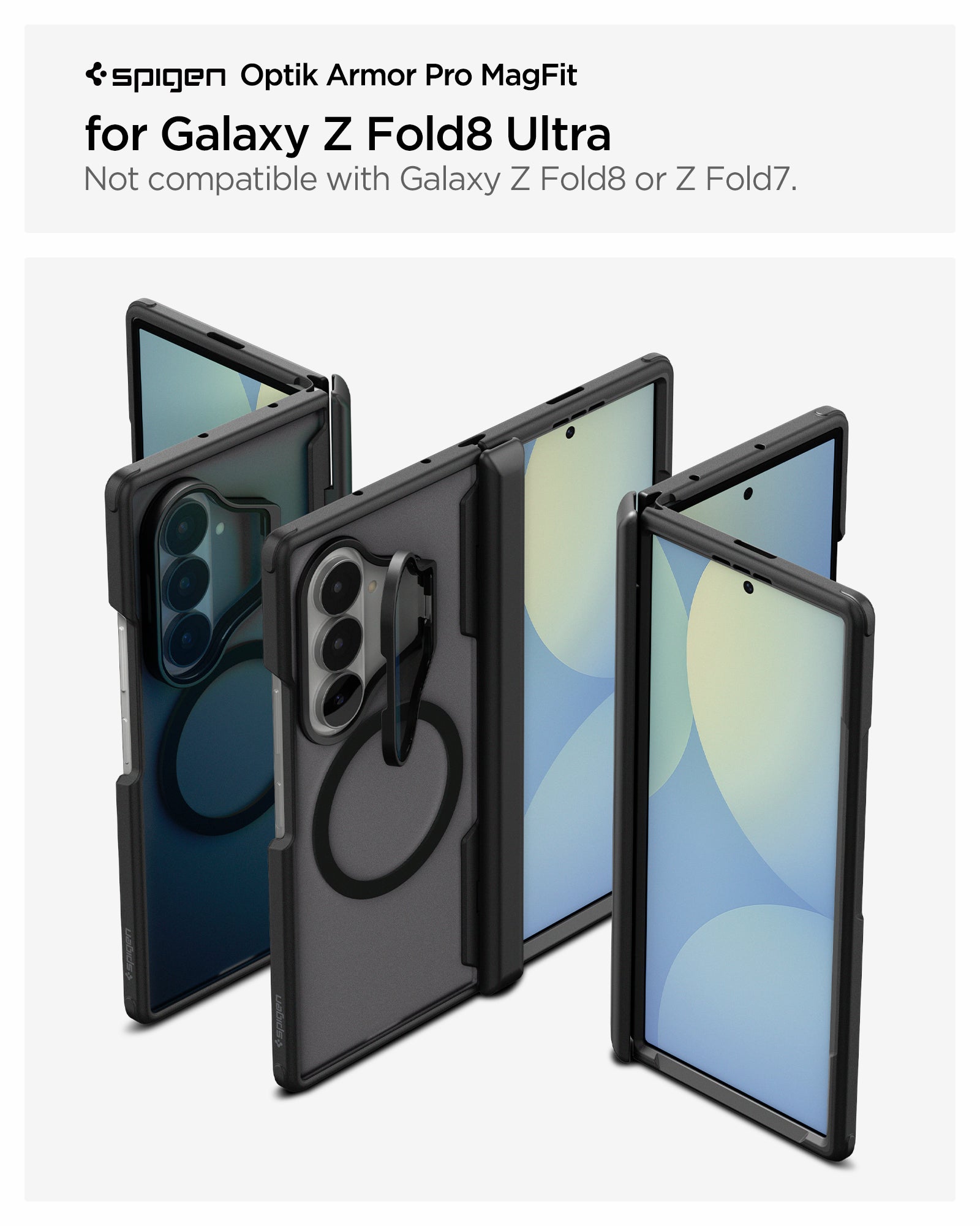 ACS11500 - Galaxy Z Fold 8 Series Optik Armor Pro (Mag Fit) showing three Galaxy Z Fold 8 cases open at angles with camera cutouts, MagSafe ring, and Spigen branding 