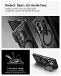 ACS11500 - Galaxy Z Fold 8 Series Optik Armor Pro (Mag Fit) showing Galaxy Z Fold 8 case hands-free hinge feature with camera close-ups, open hinge, and kickstand angle