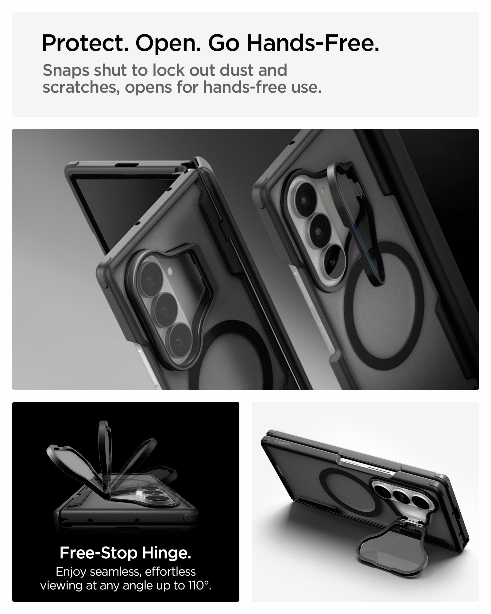 ACS11500 - Galaxy Z Fold 8 Series Optik Armor Pro (Mag Fit) showing Galaxy Z Fold 8 case hands-free hinge feature with camera close-ups, open hinge, and kickstand angle
