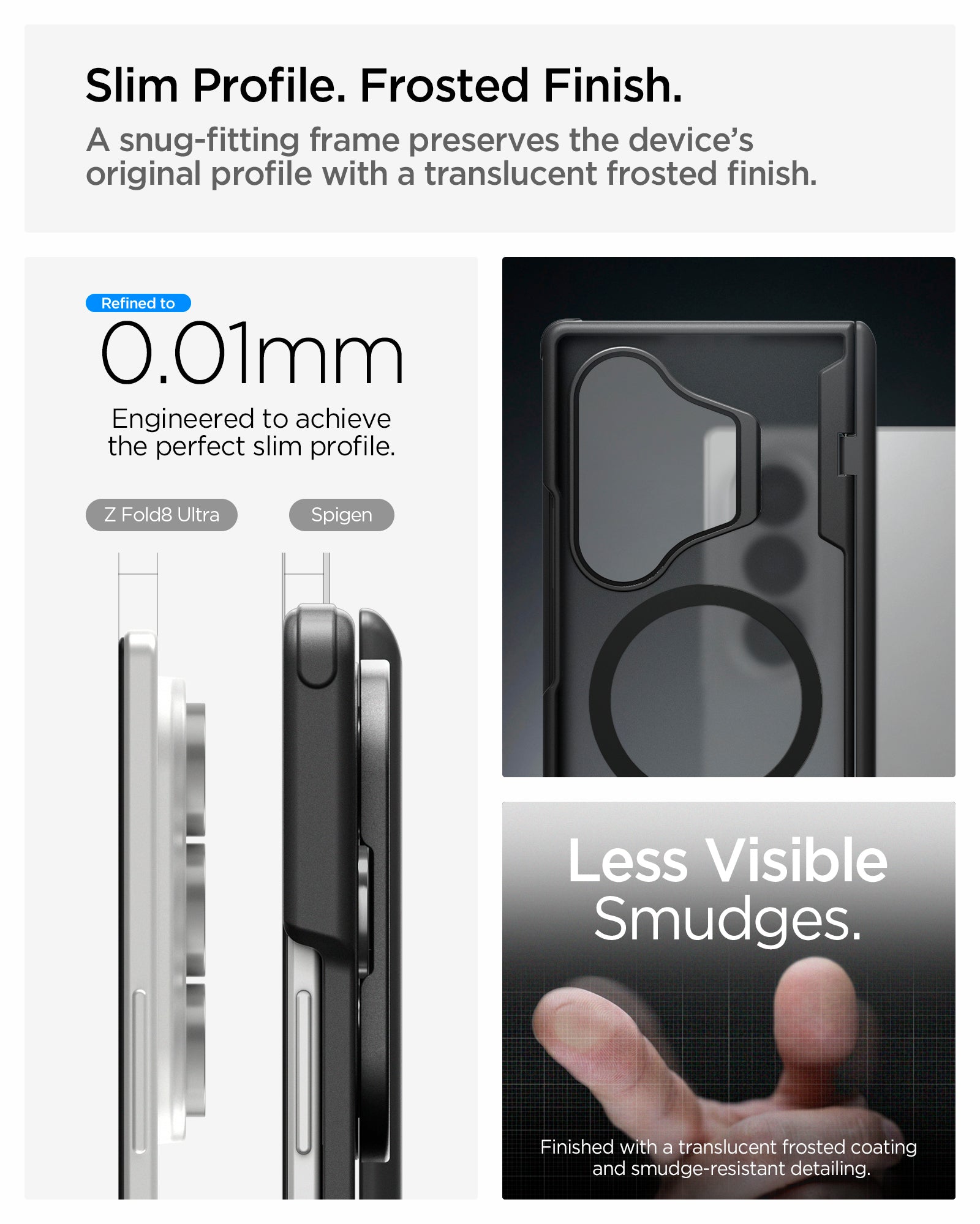 ACS11500 - Galaxy Z Fold 8 Series Optik Armor Pro (Mag Fit) showing Galaxy Z Fold 8 case slim frosted profile vs bare device, close-up finish, and smudge resistance