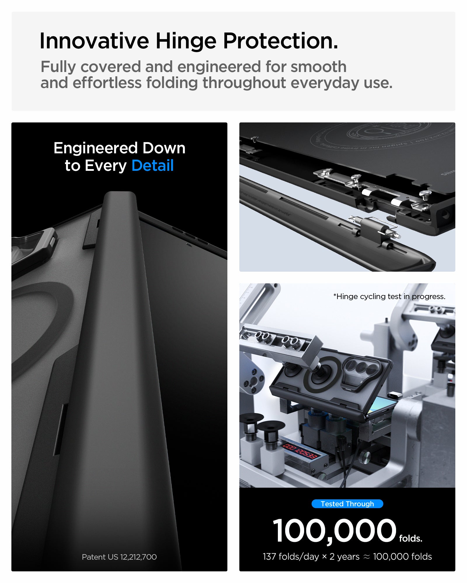 ACS11500 - Galaxy Z Fold 8 Series Optik Armor Pro (Mag Fit) showing Galaxy Z Fold 8 case hinge protection with spine close-up, exploded parts, and 100,000-fold cycling test