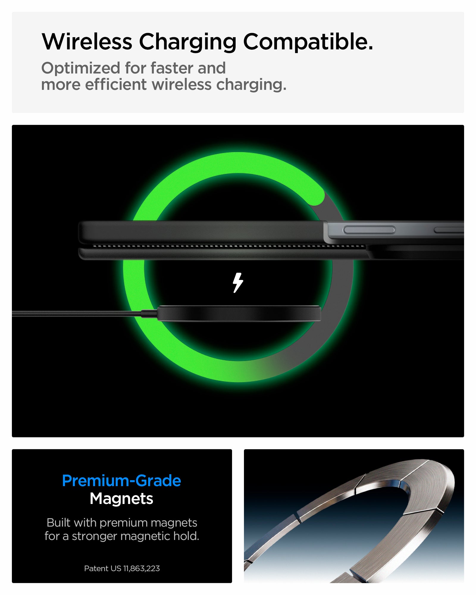 ACS11500 - Galaxy Z Fold 8 Series Optik Armor Pro (Mag Fit) showing it is wireless charging compatible.  Optimized for faster and more efficient wireless charging.