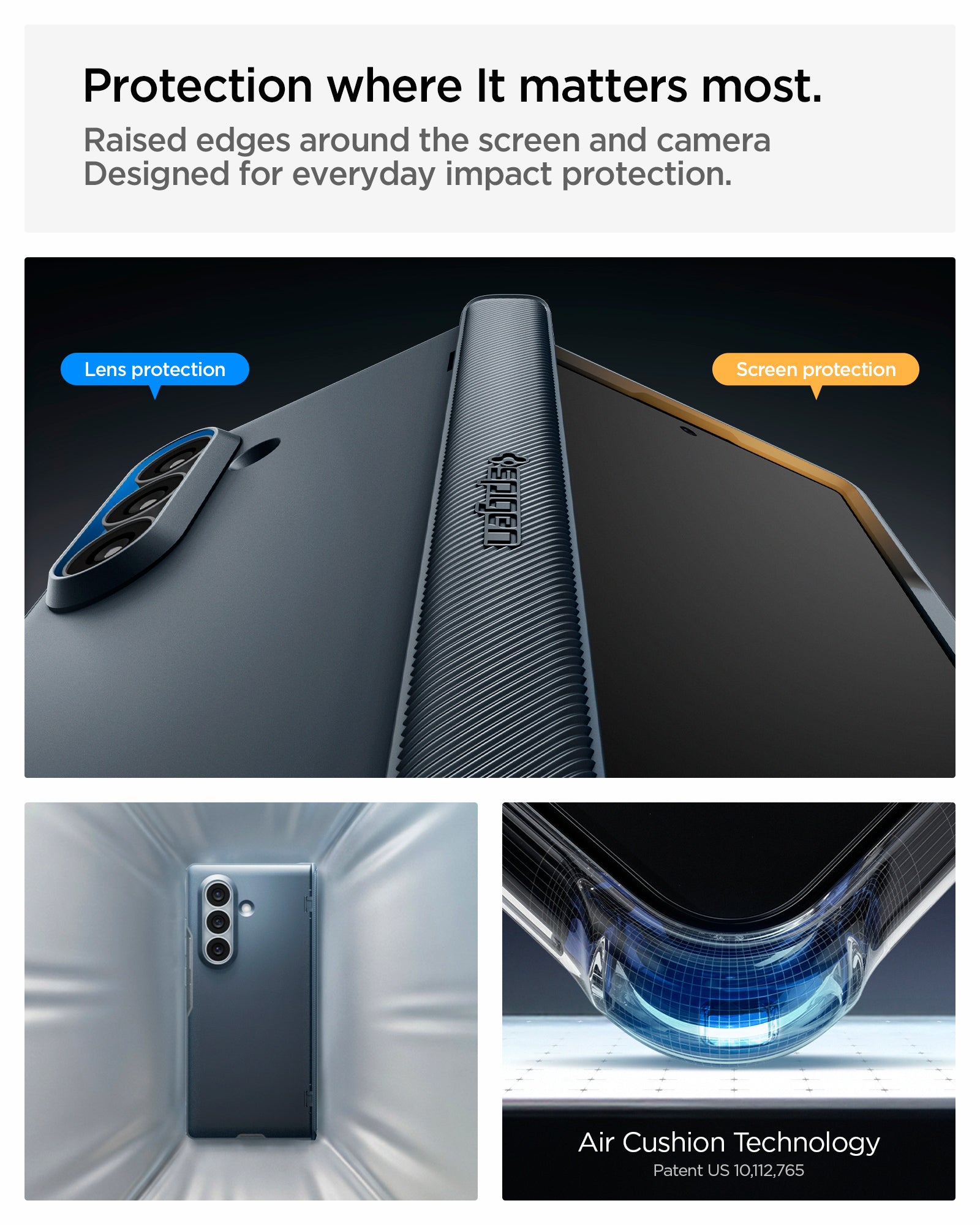 ACS11504 - Galaxy Z Fold 8 Ultra Slim Armor Pro (Mag Fit) Metal Slate showing the "Protection where It matters most" graphic, highlighting lens and screen protection edges, alongside a close-up of a case corner and the "Air Cushion Technology" corner impact diagram.