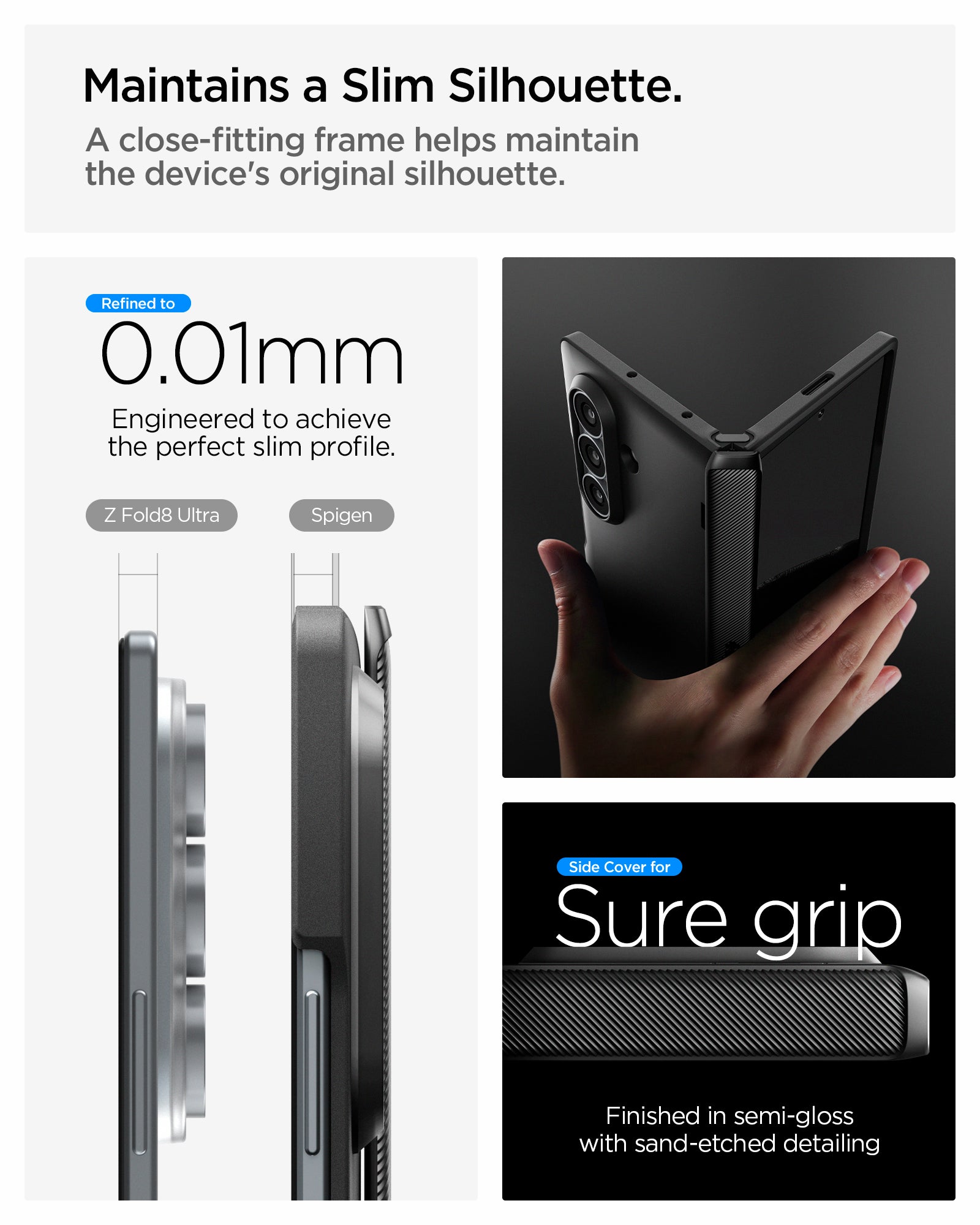 ACS11503 - Galaxy Z Fold 8 Ultra Slim Armor Pro (Mag Fit) Black showing the "Maintains a Slim Silhouette" graphic, comparing the side profile thickness of the bare Galaxy Z Fold 8 Ultra Ultra and the Spigen-cased version at 0.01mm difference