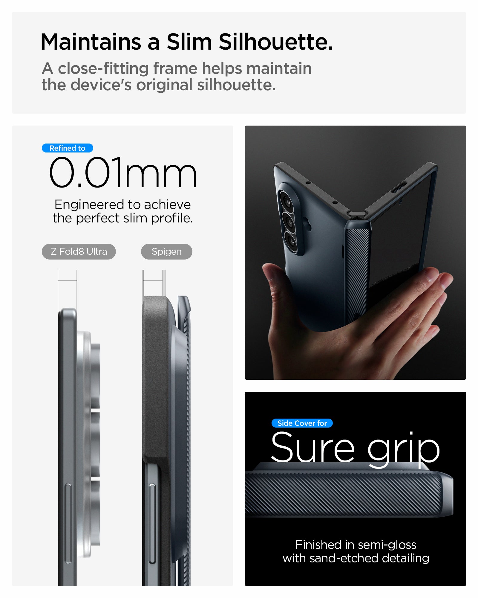 ACS11504 - Galaxy Z Fold 8 Ultra Slim Armor Pro (Mag Fit) Metal Slate showing the "Maintains a Slim Silhouette" graphic, comparing the side profile thickness of the bare Galaxy Z Fold 8 Ultra Ultra and the Spigen-cased version at 0.01mm difference