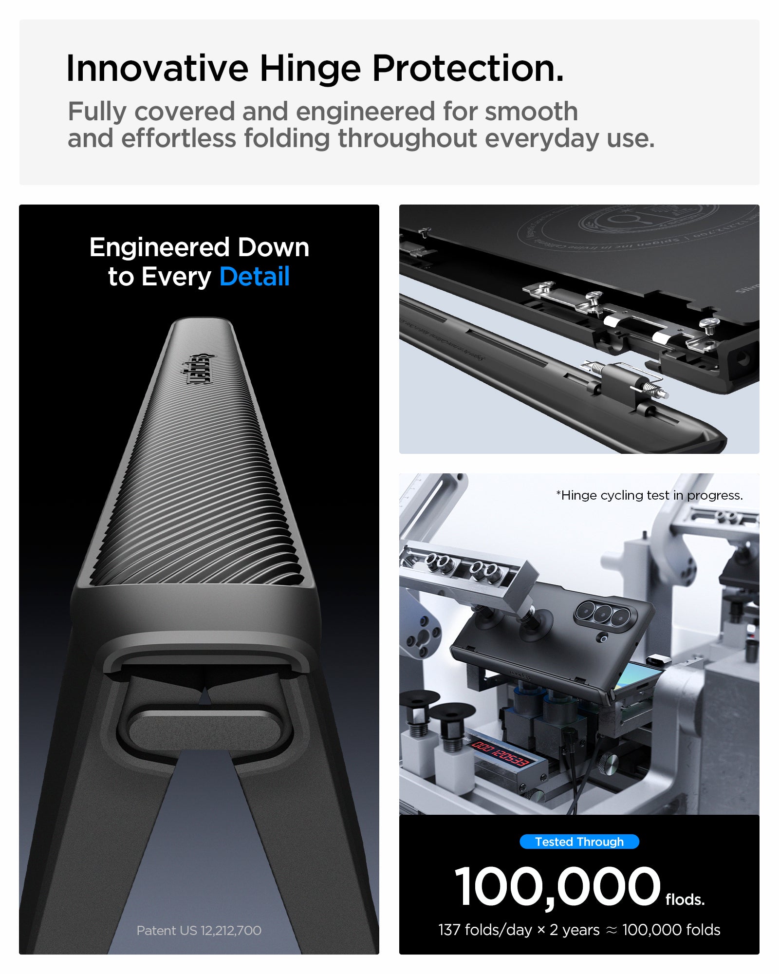 ACS11503 - Galaxy Z Fold 8 Ultra Slim Armor Pro (Mag Fit) Black showing the "Innovative Hinge Protection" graphic, a close-up of the ribbed hinge cover with the Spigen logo, alongside an exploded view of the hinge mechanism