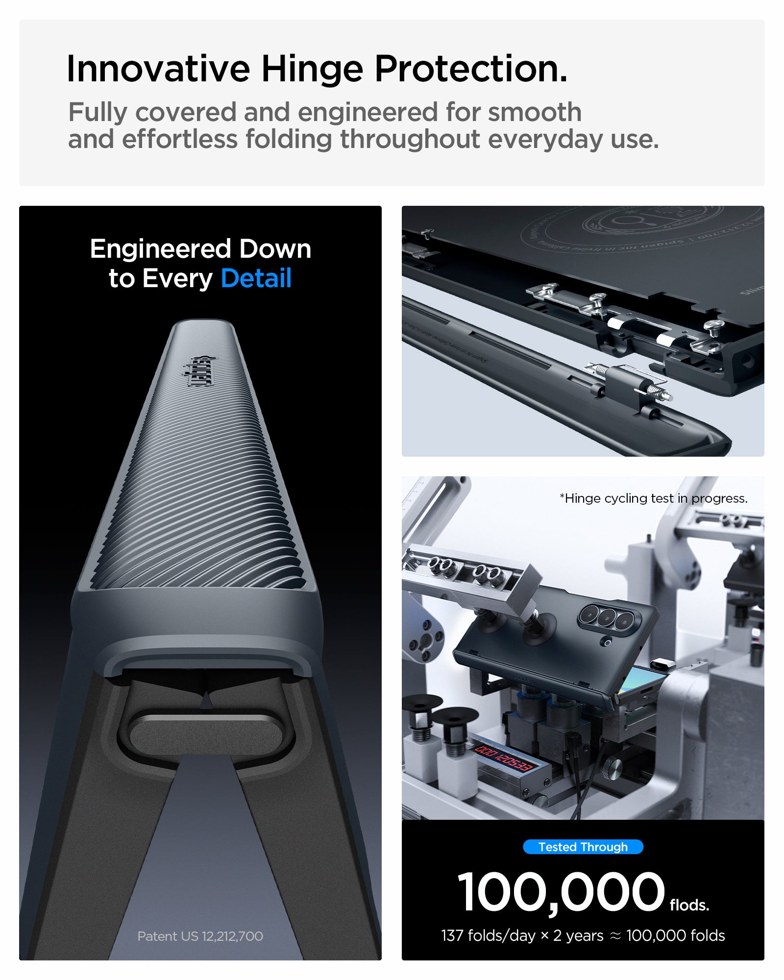 ACS11504 - Galaxy Z Fold 8 Ultra Slim Armor Pro (Mag Fit) Metal Slate showing the "Innovative Hinge Protection" graphic, a close-up of the ribbed hinge cover with the Spigen logo, alongside an exploded view of the hinge mechanism and a hinge durability test setup