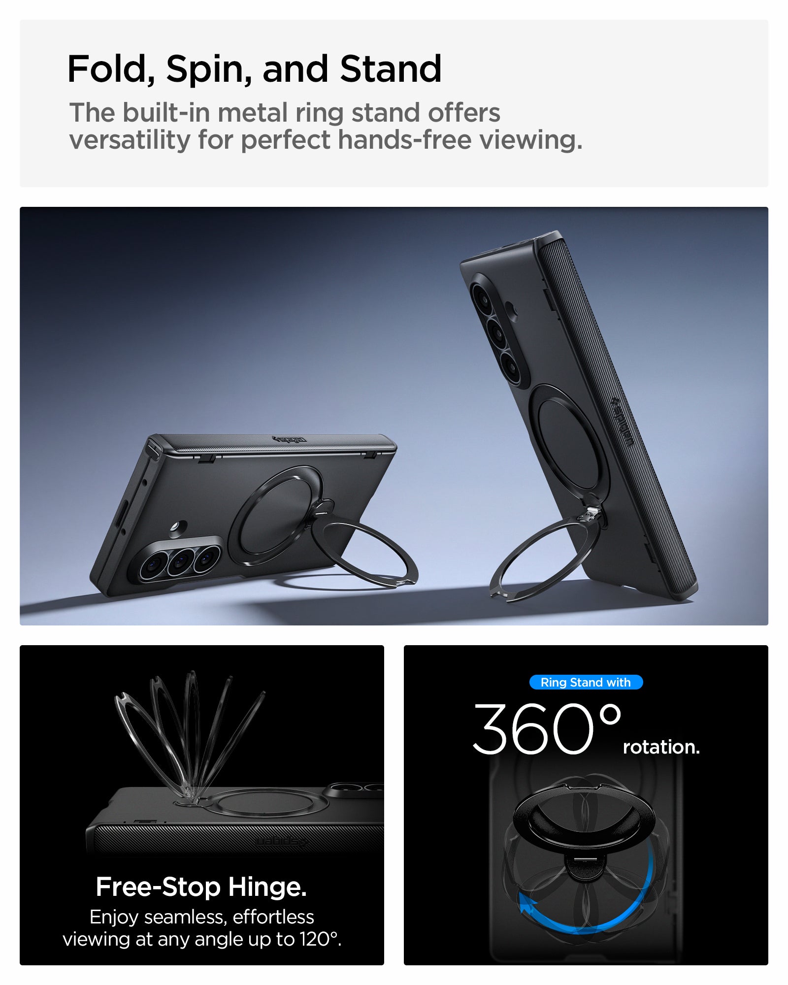 ACS11778 - Galaxy Z Fold 8 Ultra Slim Armor Pro S (Mag Fit) Black showing the "Fold, Spin, and Stand" graphic, two angled views of the case propped up by its metal ring stand, alongside a "Free-Stop Hinge" diagram showing multiple viewing angles