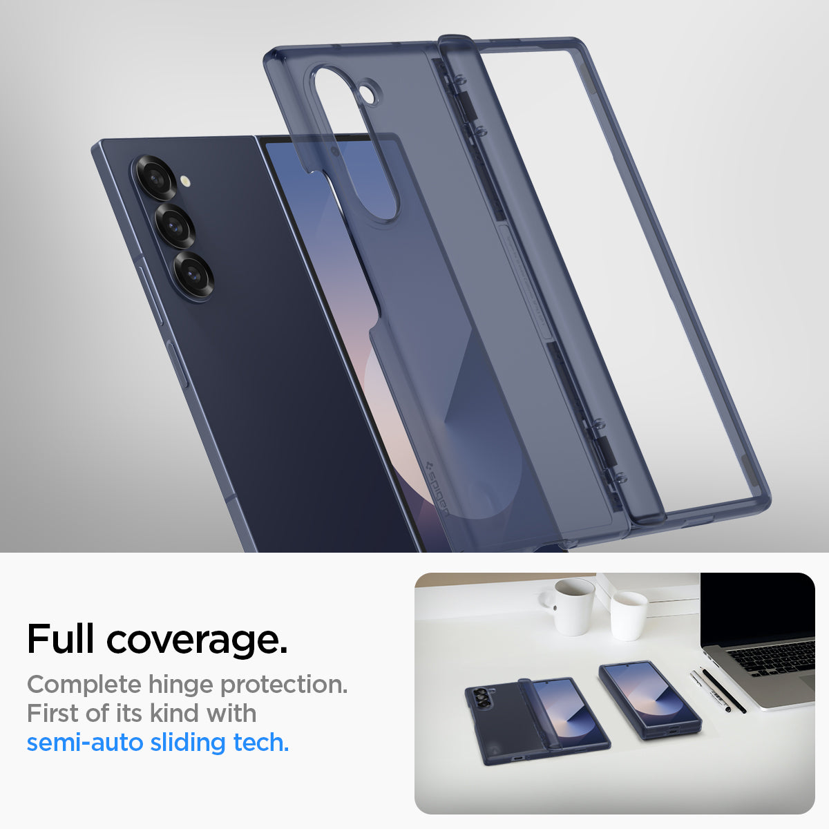ACS08281 - Galaxy Z Flip 6 Case Ultra Hybrid Pro in Frost Navy Blue showing the full coverage. Complete hinge protection. First of its kind with semi-auto sliding tech