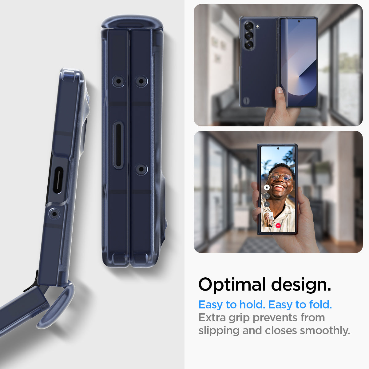 ACS08281 - Galaxy Z Flip 6 Case Ultra Hybrid Pro in Frost Navy Blue showing the optimal design. Easy to hold. Easy to fold. Extra grip prevents from slipping and closes smoothly
