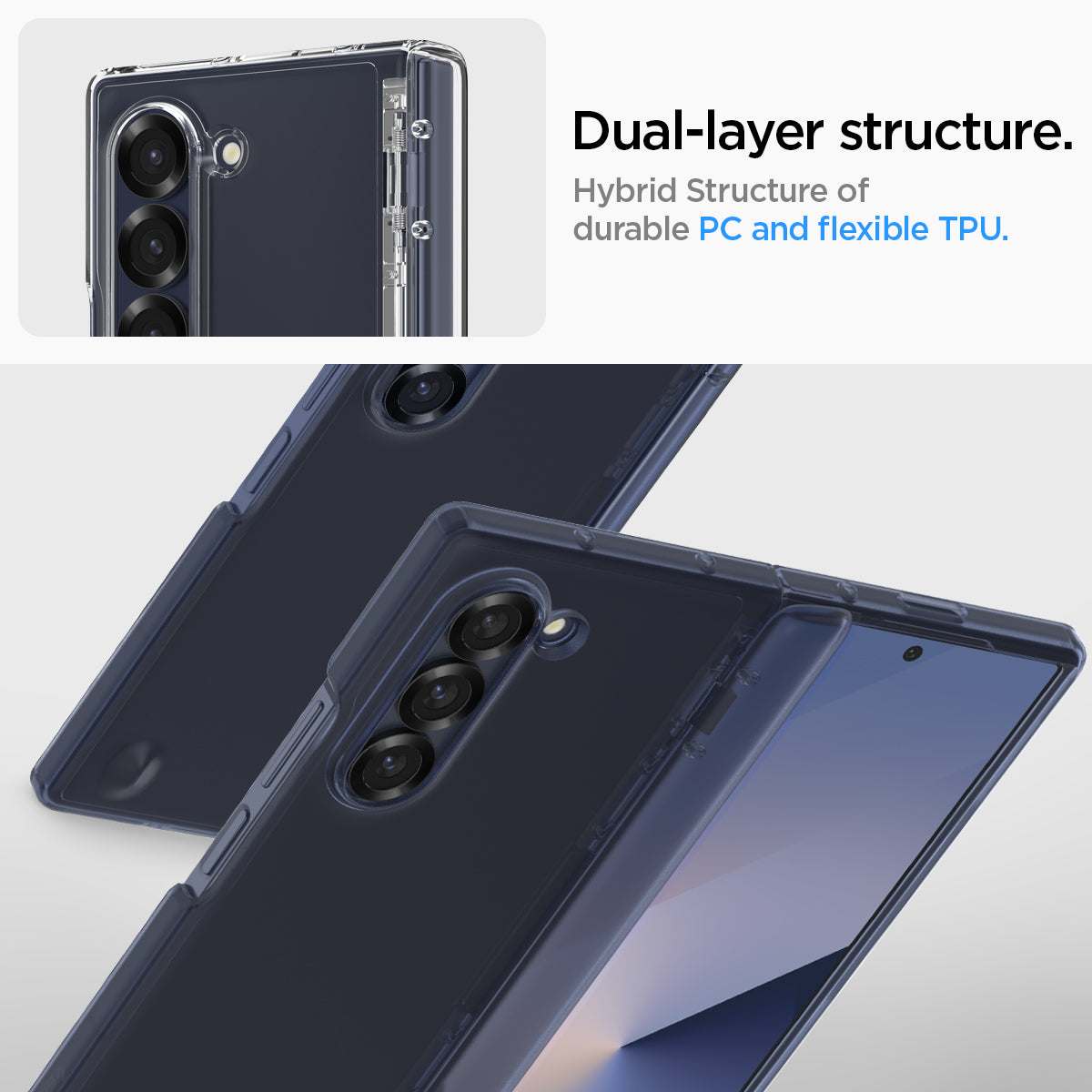 ACS08281 - Galaxy Z Flip 6 Case Ultra Hybrid Pro in Frost Navy Blue showing the dual-layer structure. Hybrid Structure of durable PC and flexible TPU