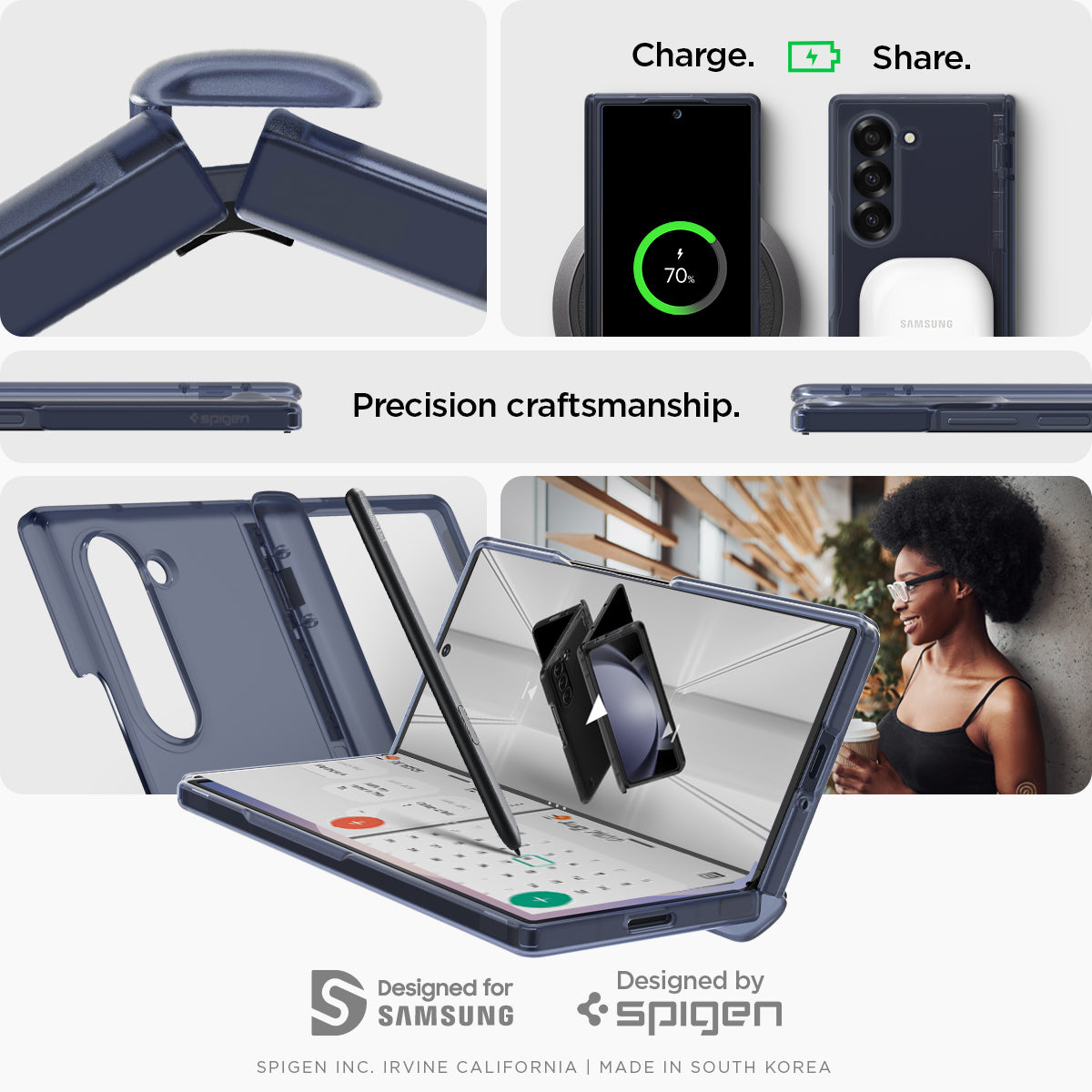 ACS08281 - Galaxy Z Flip 6 Case Ultra Hybrid Pro in Frost Navy Blue showing the precision craftsmanship, with different charging option