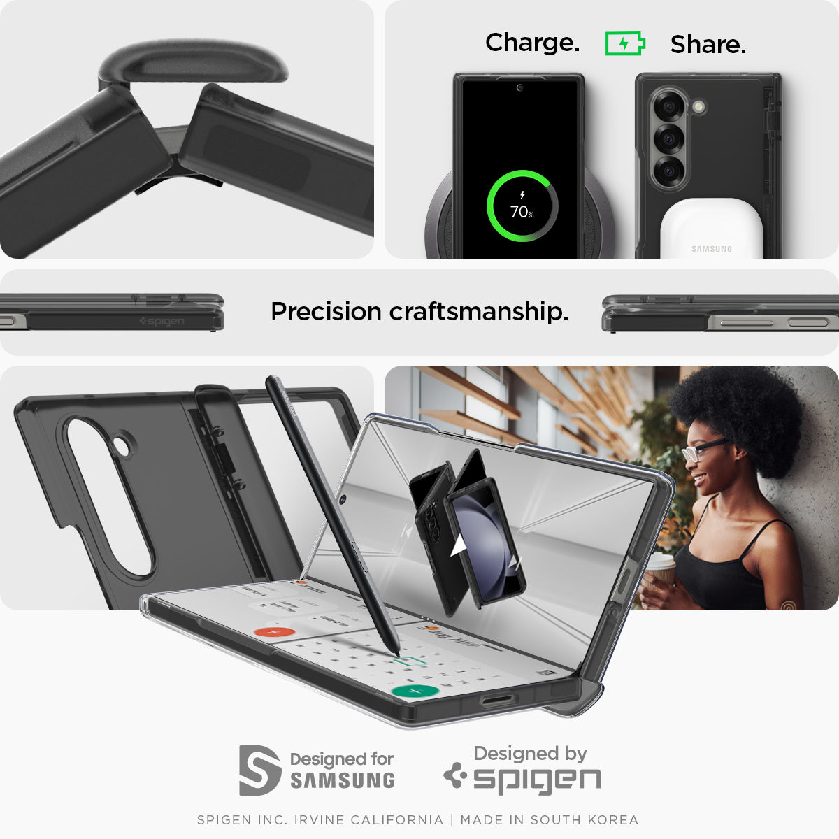 ACS07814 - Galaxy Z Fold 6 Case Ultra Hybrid Pro in Frost Gray showing the precision craftsmanship, with different charging option