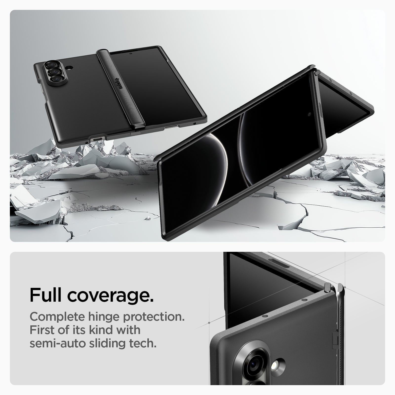 ACS09551 - Galaxy Z Fold 7 - Slim Armor Pro (MagFit) in black showing the full coverage. Complete hinge protection. First of its kind with semi-auto sliding tech