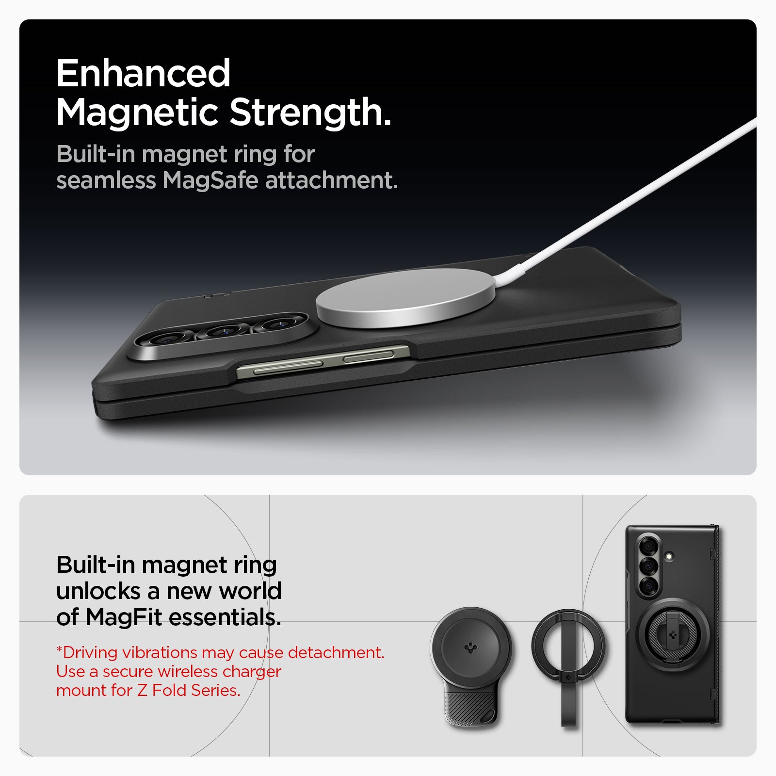 ACS09551 - Galaxy Z Fold 7 - Slim Armor Pro (MagFit) in black Enhanced Magnetic strength. Built in magnet ring for seamless Magsafe attachment. Built in magnet ring unlocks a new world of magfit essentials. Driving vibrations may cause detach ment. Use a sec