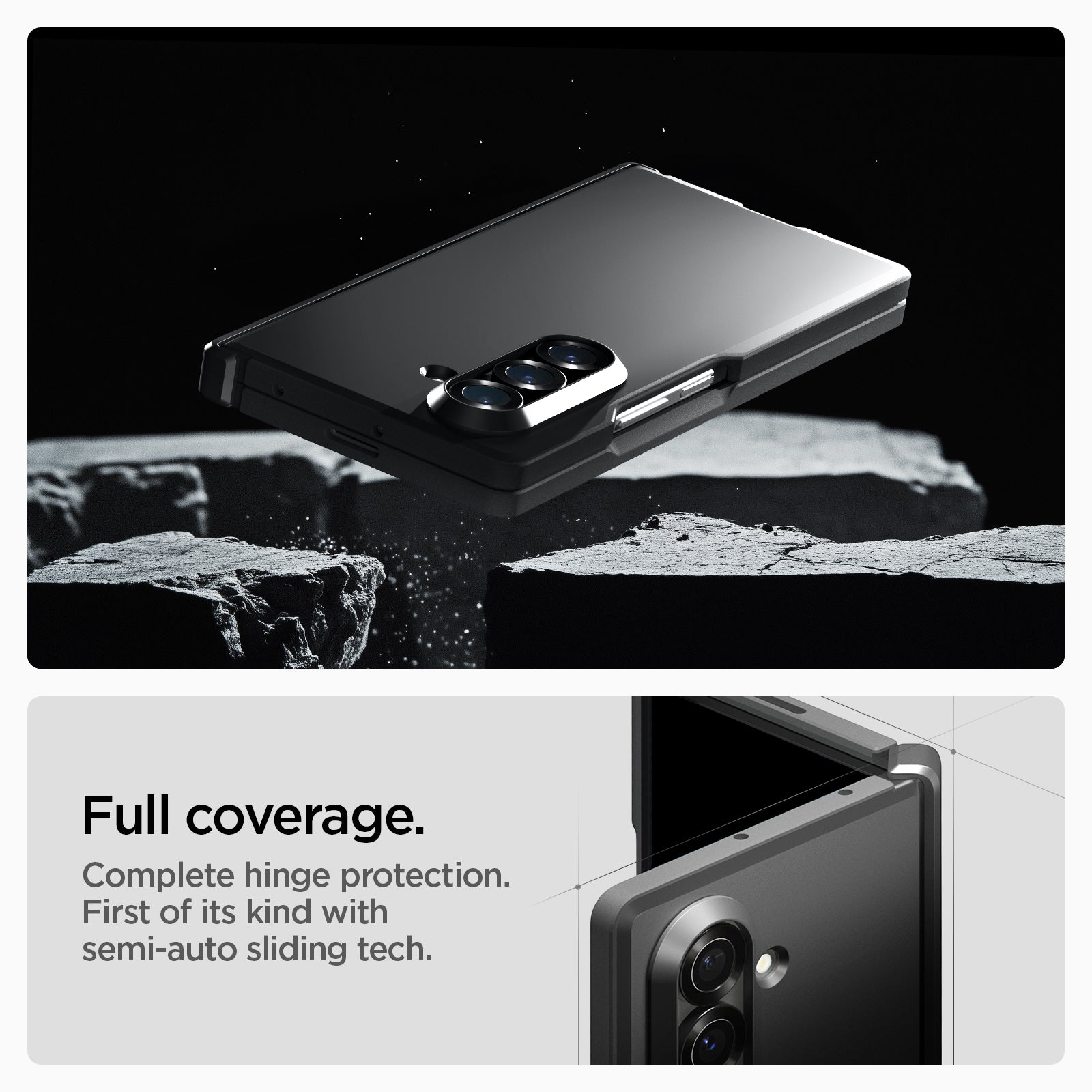 ACS09549 - Galaxy Z Fold 7 Tough Armor Pro (MagFit) in black showing the full coverage. Complete hinge protection. First of its kind with semi-auto sliding tech