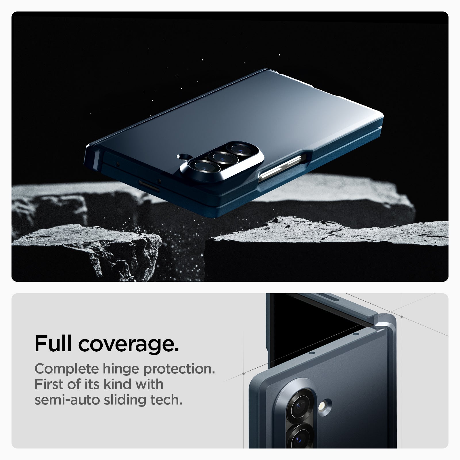 ACS09550 - Galaxy Z Fold 7 Tough Armor Pro (MagFit) in metal slate showing the full coverage. Complete hinge protection. First of its kind with semi-auto sliding tech