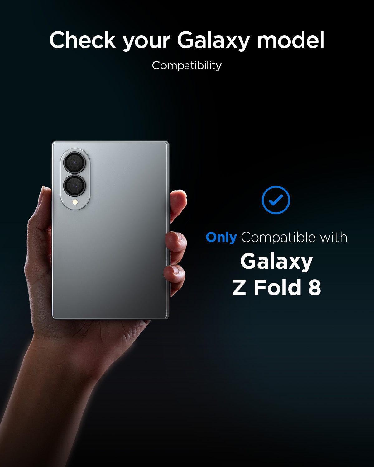 AGL11761 - Galaxy Z Fold 8 Optik Pro EZ Fit showing a compatibility chart confirming the lens protector fits only the Galaxy Z Fold 8