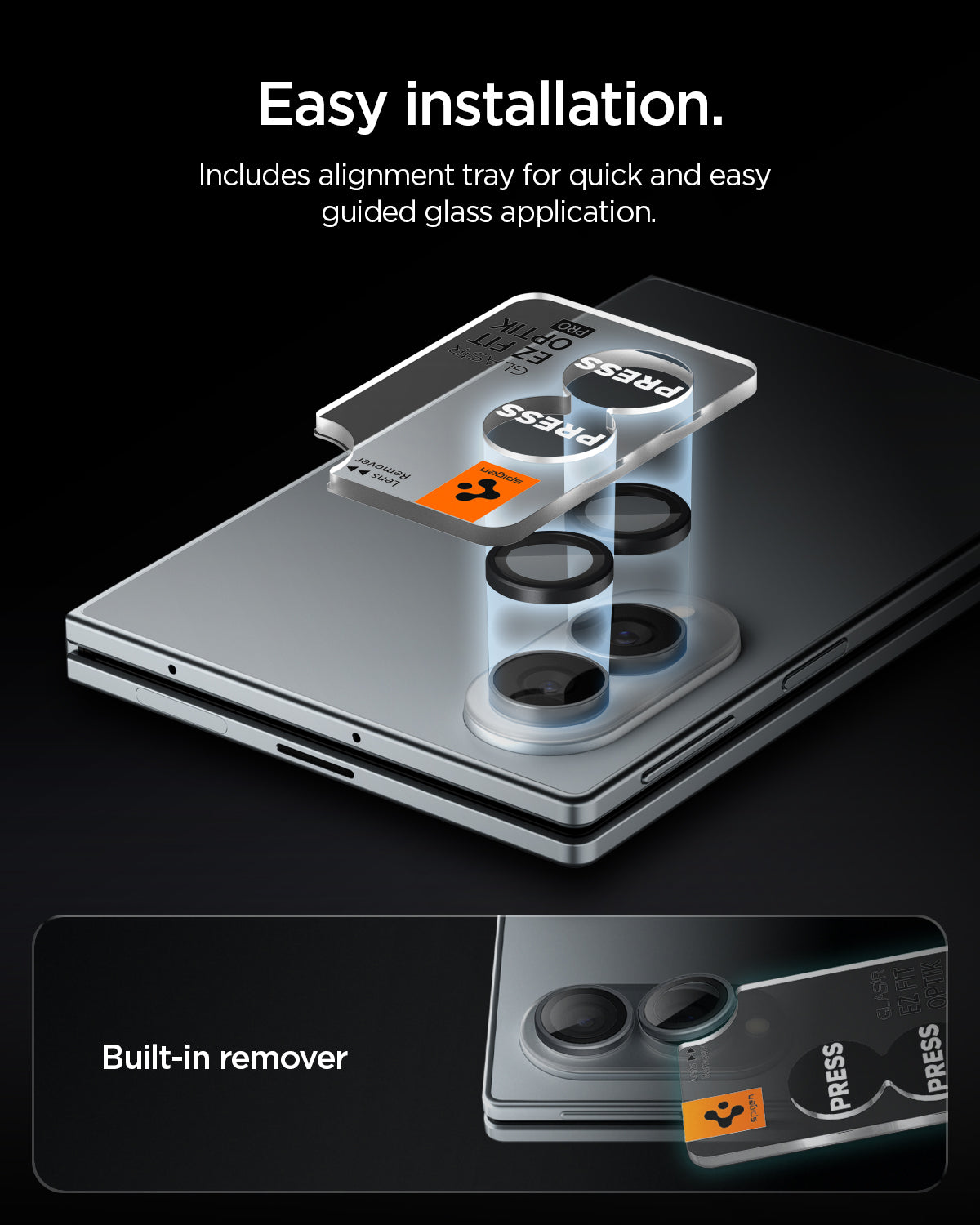AGL11761 - Galaxy Z Fold 8 Optik Pro EZ Fit showing an exploded diagram of the lens caps aligning onto the Galaxy Z Fold 8's dual camera with a built-in remover