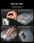 AGL11761 - Galaxy Z Fold 8 Optik Pro EZ Fit showing a four-step guide for peeling, aligning, pressing, and finishing the lens installation